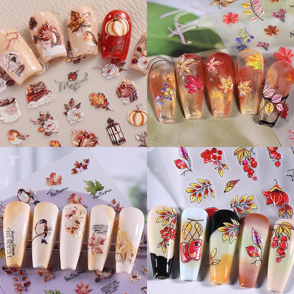 3D Embossed Fall Nail Stickers - Red Gold Maple Leaf Nail Art Decals for Women | Self-Adhesive Autumn Nail Designs | Thanksgiving Nail Accessories (4 Sheets) | Perfect for Halloween, Thanksgiving Parties & Autumn Nail Art