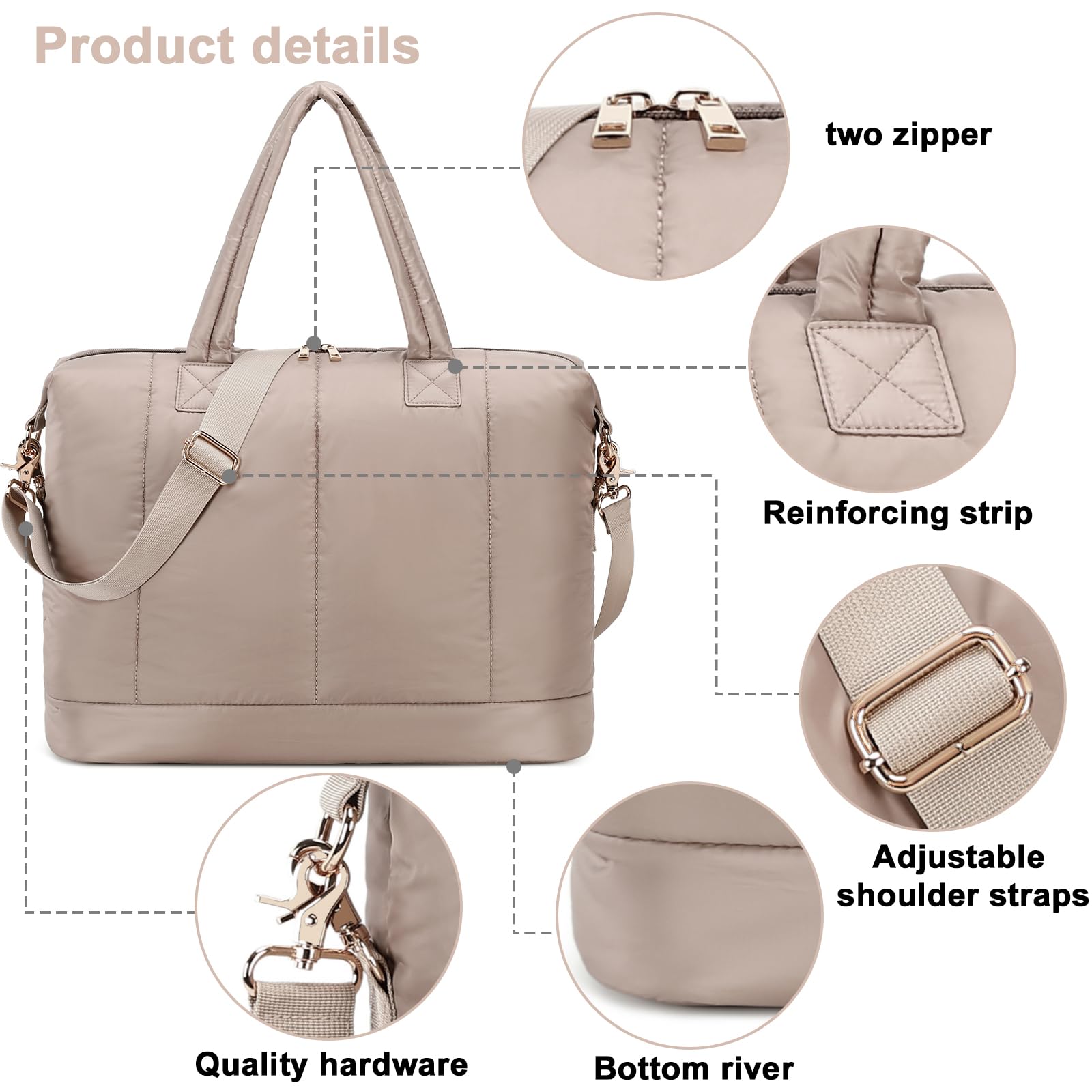 Bluboon Women's Puffer Tote Weekender Bag with Zipper - Stylish Carry On Travel Bag for Airport, Work & Winter - Perfect for Business Trips, Weekend Getaways & Daily Commute