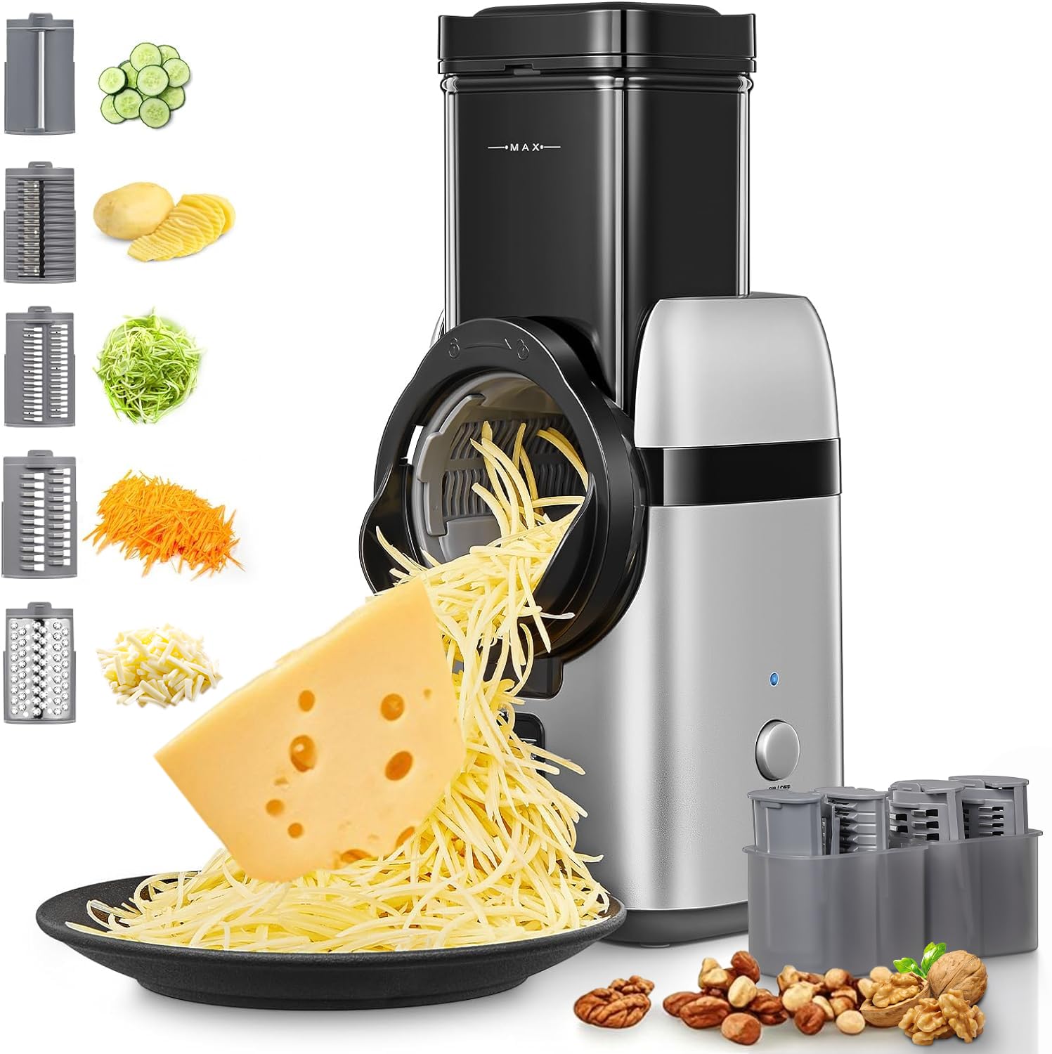 FOHERE Electric Cheese Grater - 5-in-1 Multi-Function Food Processor with Large Feed Chute, Replaceable Blades & Storage Box - Perfect for Shredding Cheese, Vegetables, Potatoes, Nuts & More - Ideal for Kitchen, Cooking, Meal Prep & Party Platters