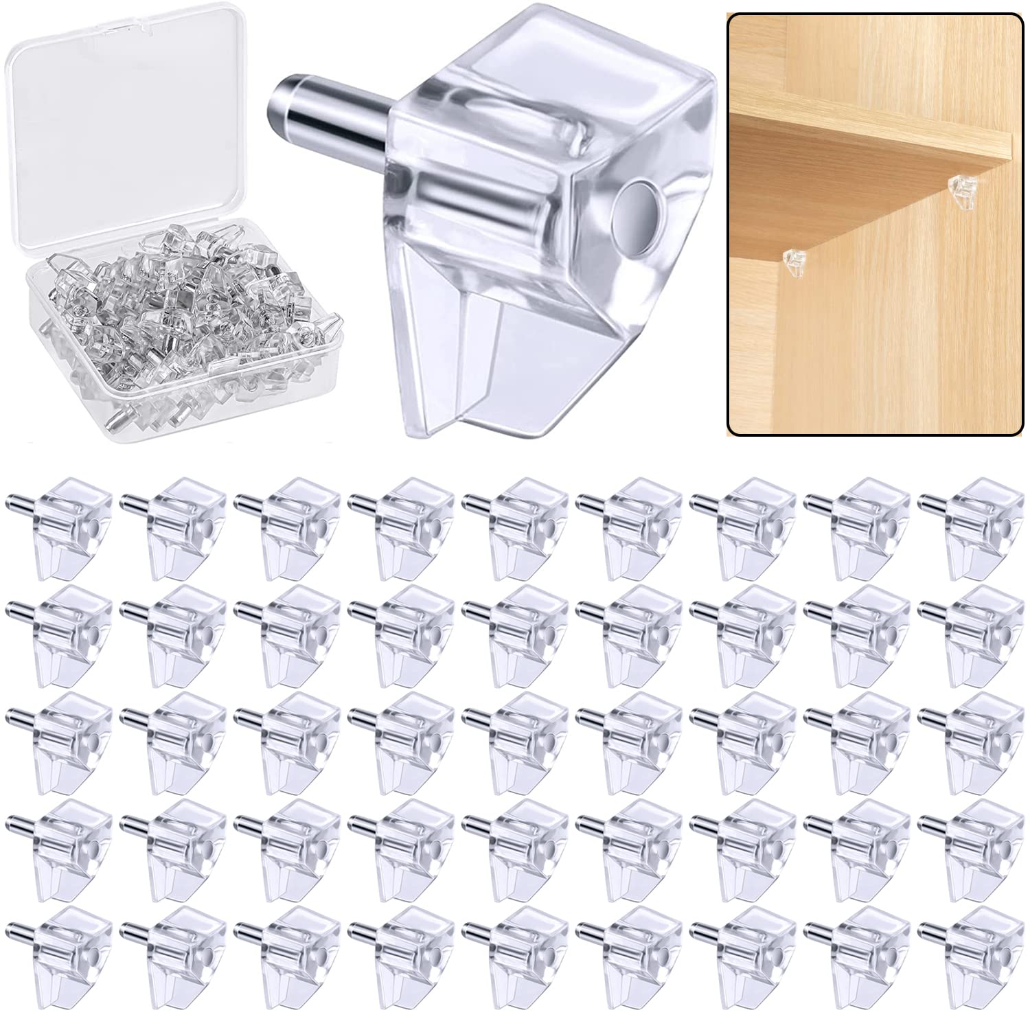 Clear Plastic Shelf Support Pegs - 5mm Cabinet Shelf Pins (50 Pack) - Perfect for Kitchen Cabinets, Closet Organizers & DIY Storage Solutions