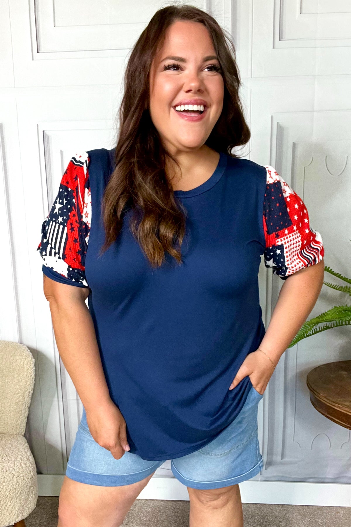 Stylish Navy Patriotic Patchwork Puff Sleeve Top for Women - Perfect for Holiday Parties & 4th of July Celebrations