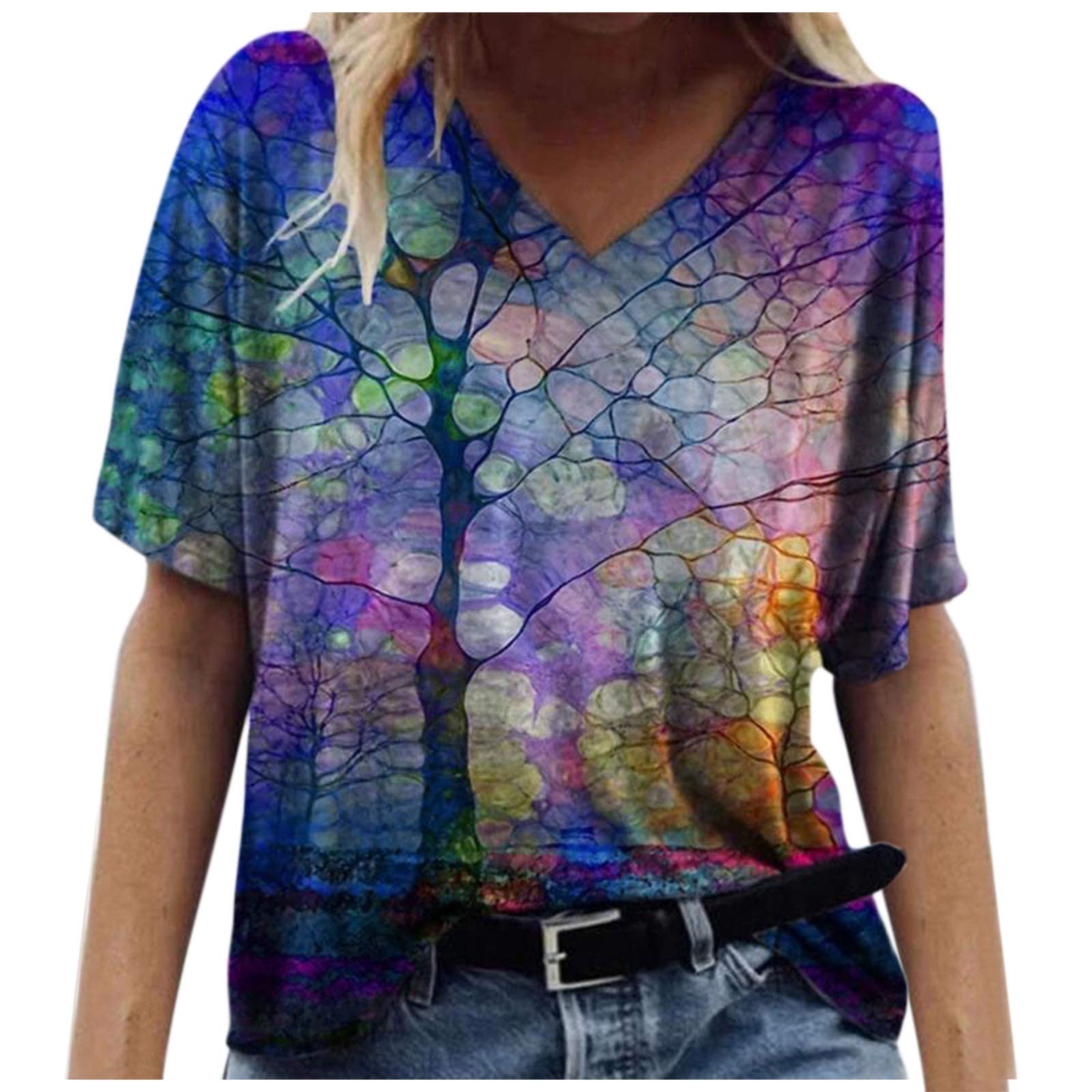 Women's Printed Casual V-Neck T-Shirt - Short Sleeve Cotton Blouse for Everyday Wear | Perfect for Work, Outings & Relaxing
