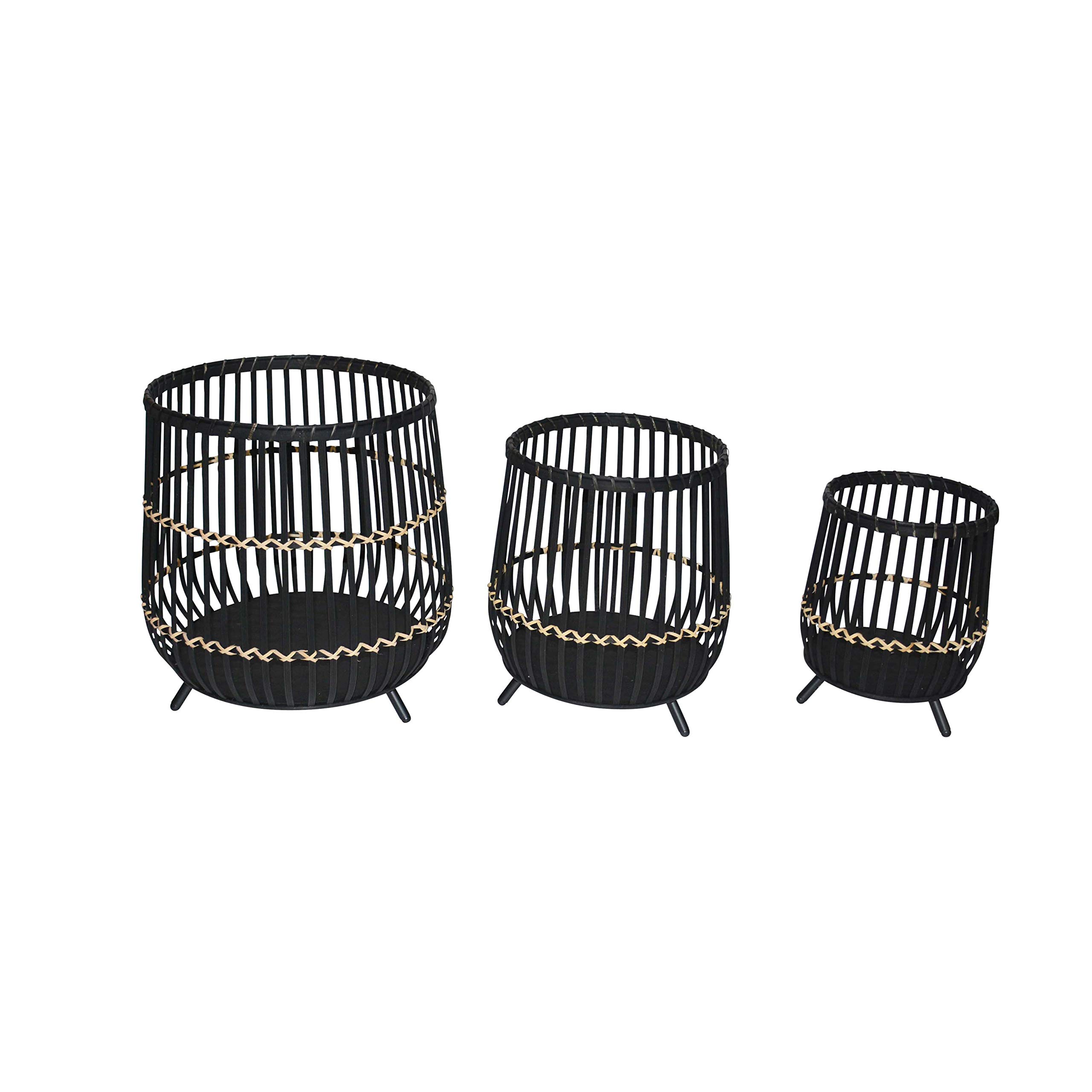 Benjara 3-Piece Black Bamboo Drum Planter Set with Angled Legs - Open Cage Design for Indoor/Outdoor Plants, Home & Garden Decor