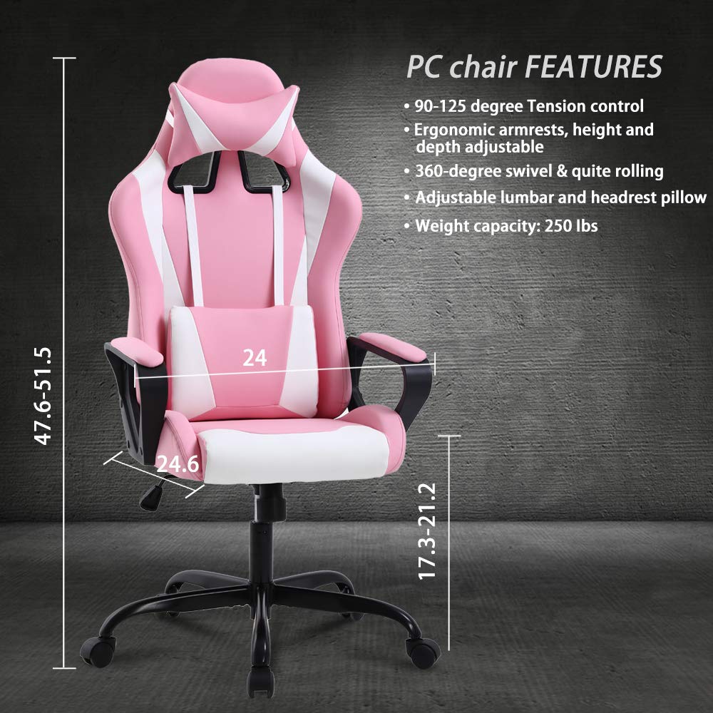 Premium Ergonomic Gaming Chair - Adjustable Racing Office Chair with Lumbar Support & Headrest for Back Pain Relief, Swivel Rolling Computer Desk Chair for Men & Women, Pink - Perfect for Esports, Gaming & Home Office Workspace