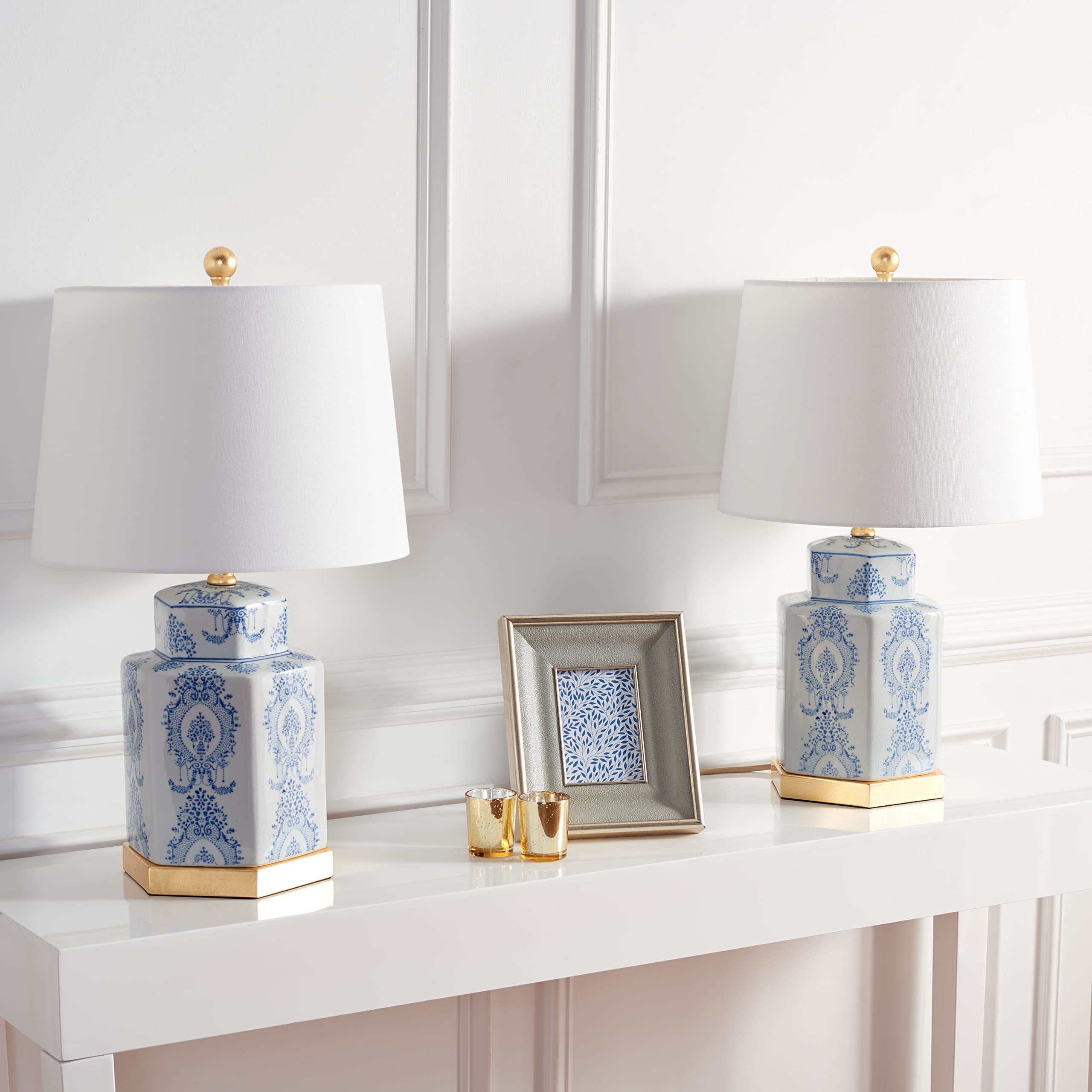 SAFAVIEH Bodin Blue and White 23-inch Table Lamp Set of 2 with LED Bulbs - Modern Bedside Lighting for Bedroom, Living Room & Home Office - Perfect for Reading, Decor & Ambient Lighting