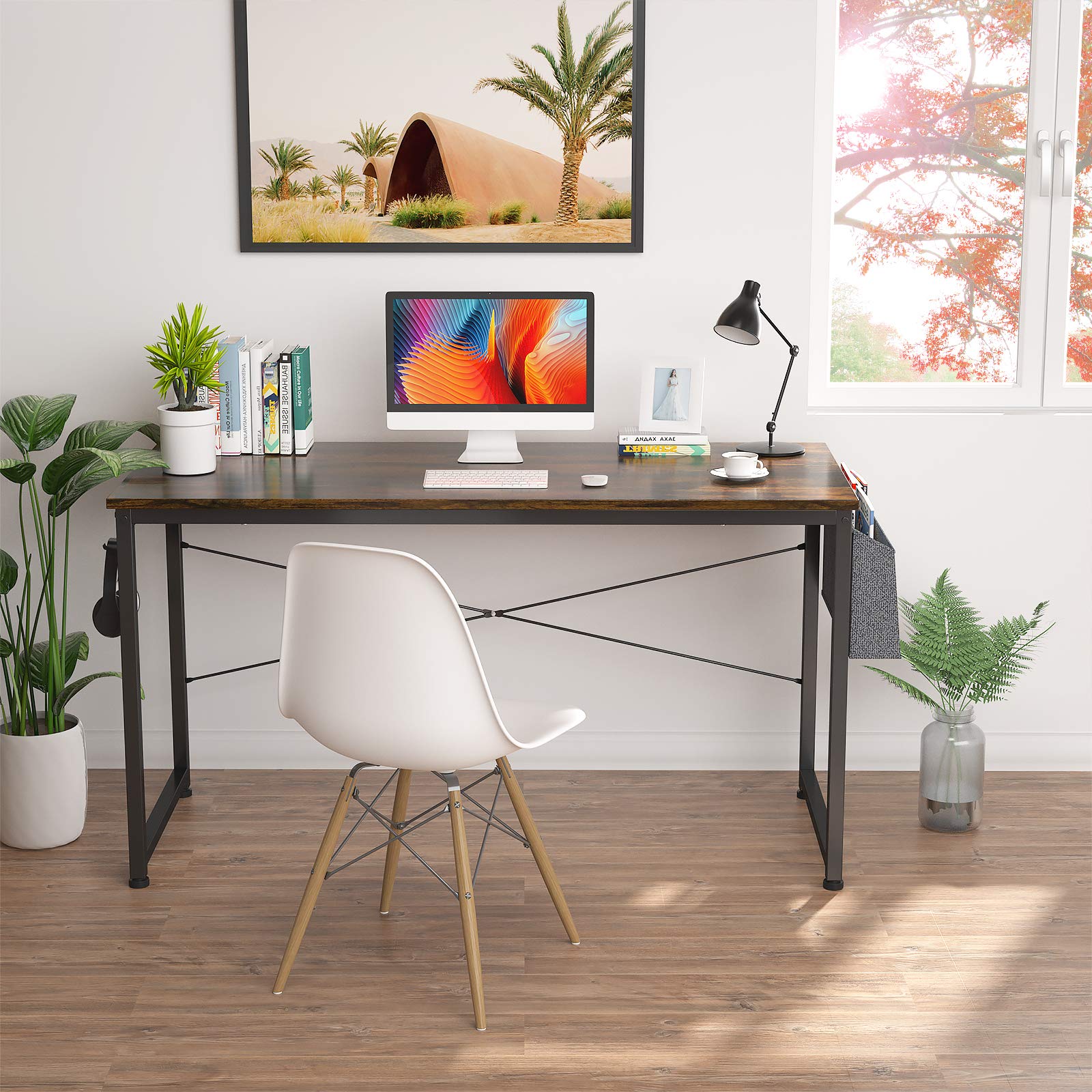 HomVent 47 Inch Modern Computer Desk - Home Office Writing Study Table with Storage Bag, Waterproof & Durable (Brown) - Perfect for Small Spaces, Work from Home, Online Classes & Gaming Setup