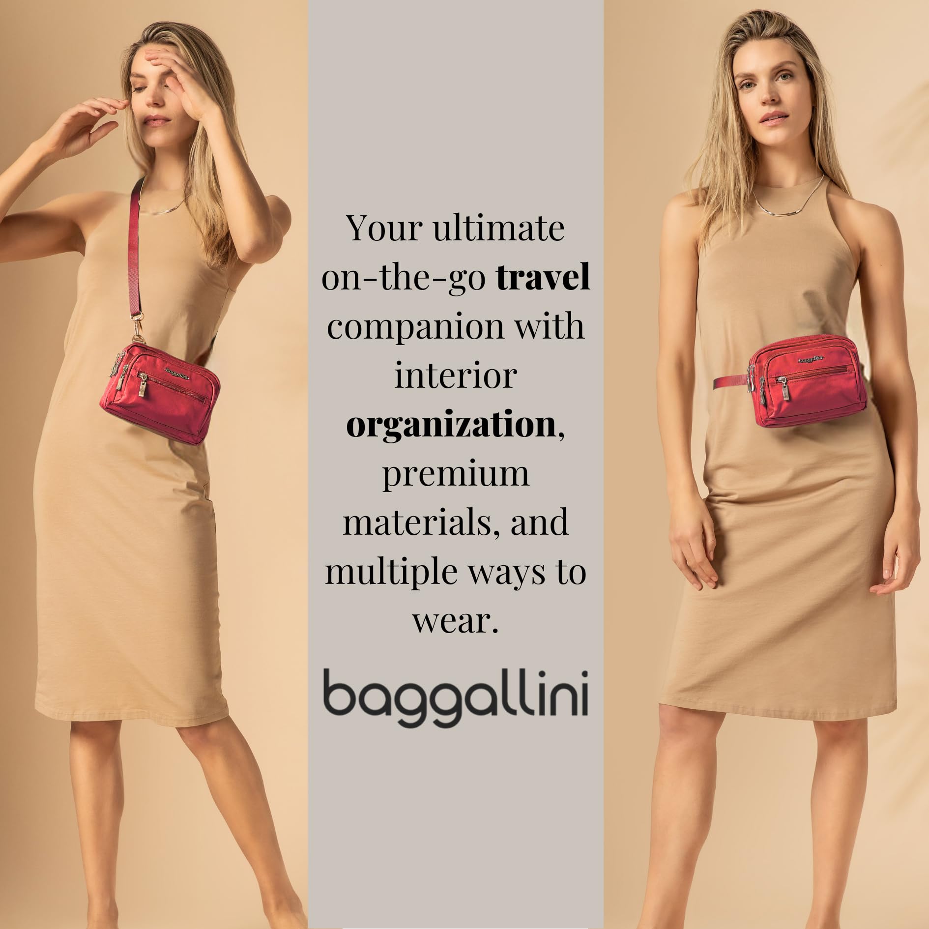 Baggallini Triple Zip Small Crossbody Bag for Women - 8x6 Inch Lightweight Water-Resistant Convertible Fanny Pack Belt Bag - Perfect for Travel, Shopping & Everyday Use