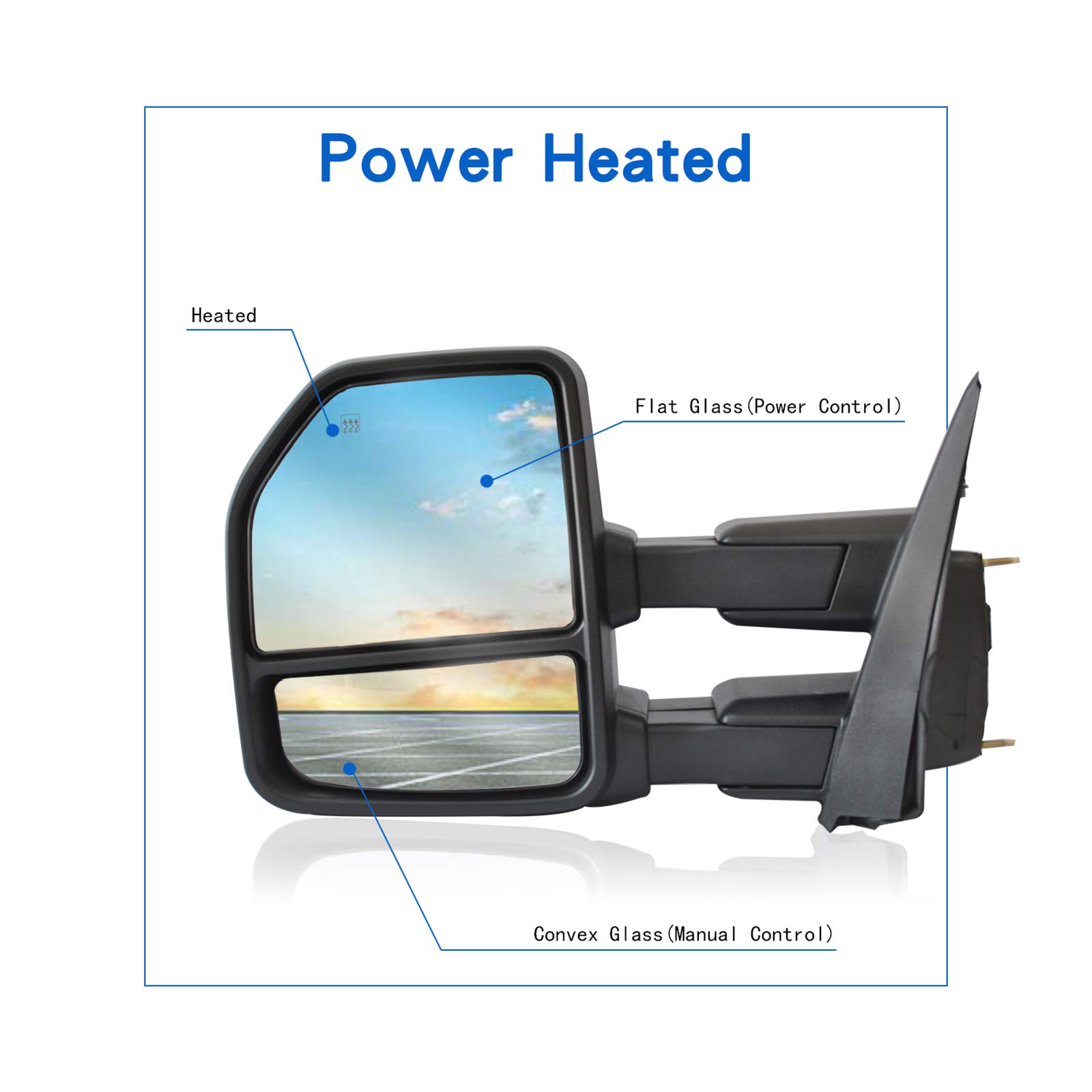 Heated Power Towing Mirrors for 2015-2020 Ford F150 Pickup Truck - Temperature Sensor, Turn Signal, Puddle Lights & Auxiliary Lamp - 22-Pin Plug Chrome Cap - Perfect for Towing, Off-Roading & Night Driving