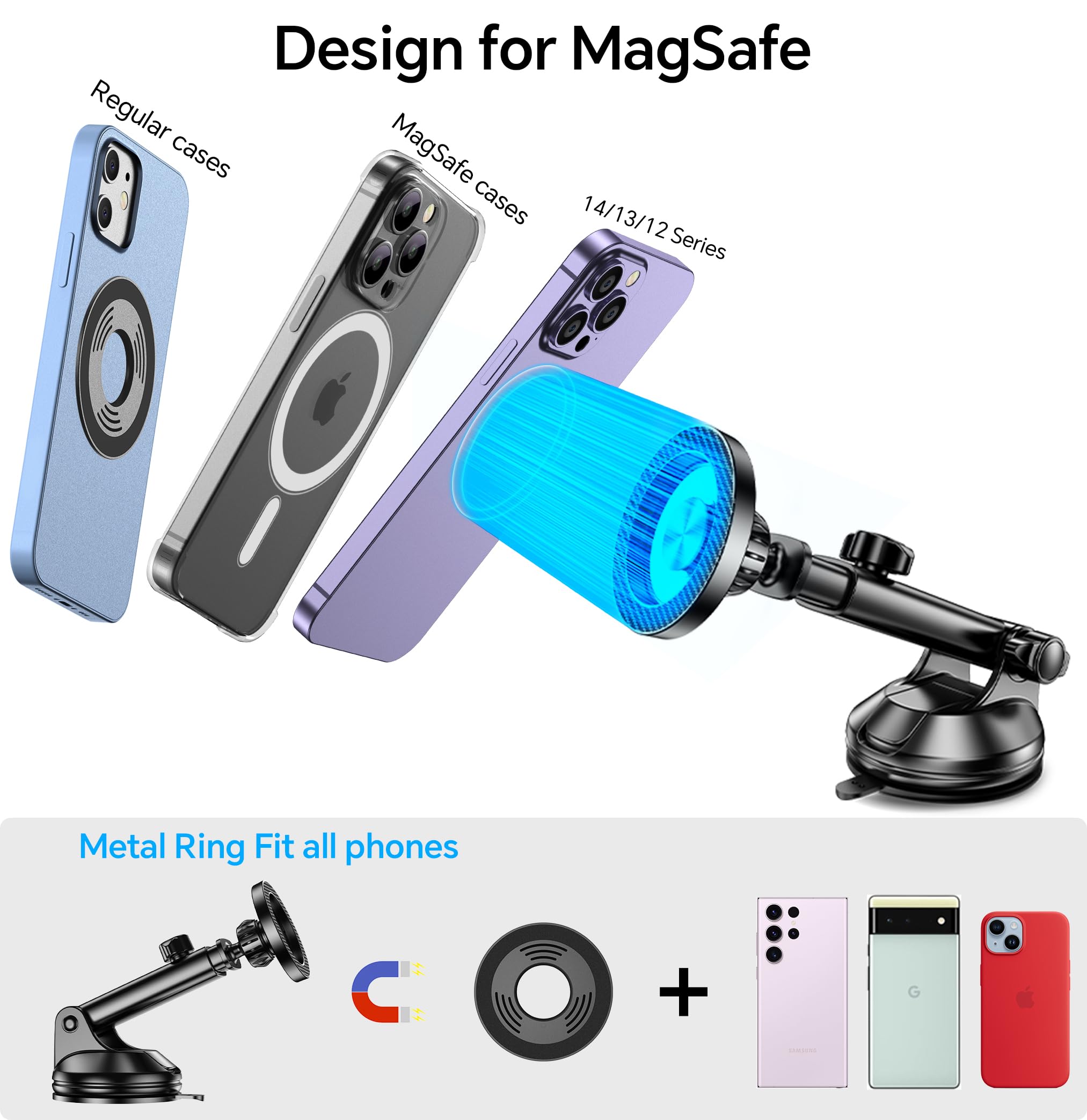 Magnetic Car Phone Holder Mount for iPhone 16 Pro Max/15/14/13/12 Plus - Universal Windshield, Vent & Dashboard Mount with Strong Suction - Perfect for Driving, Commuting & Road Trips