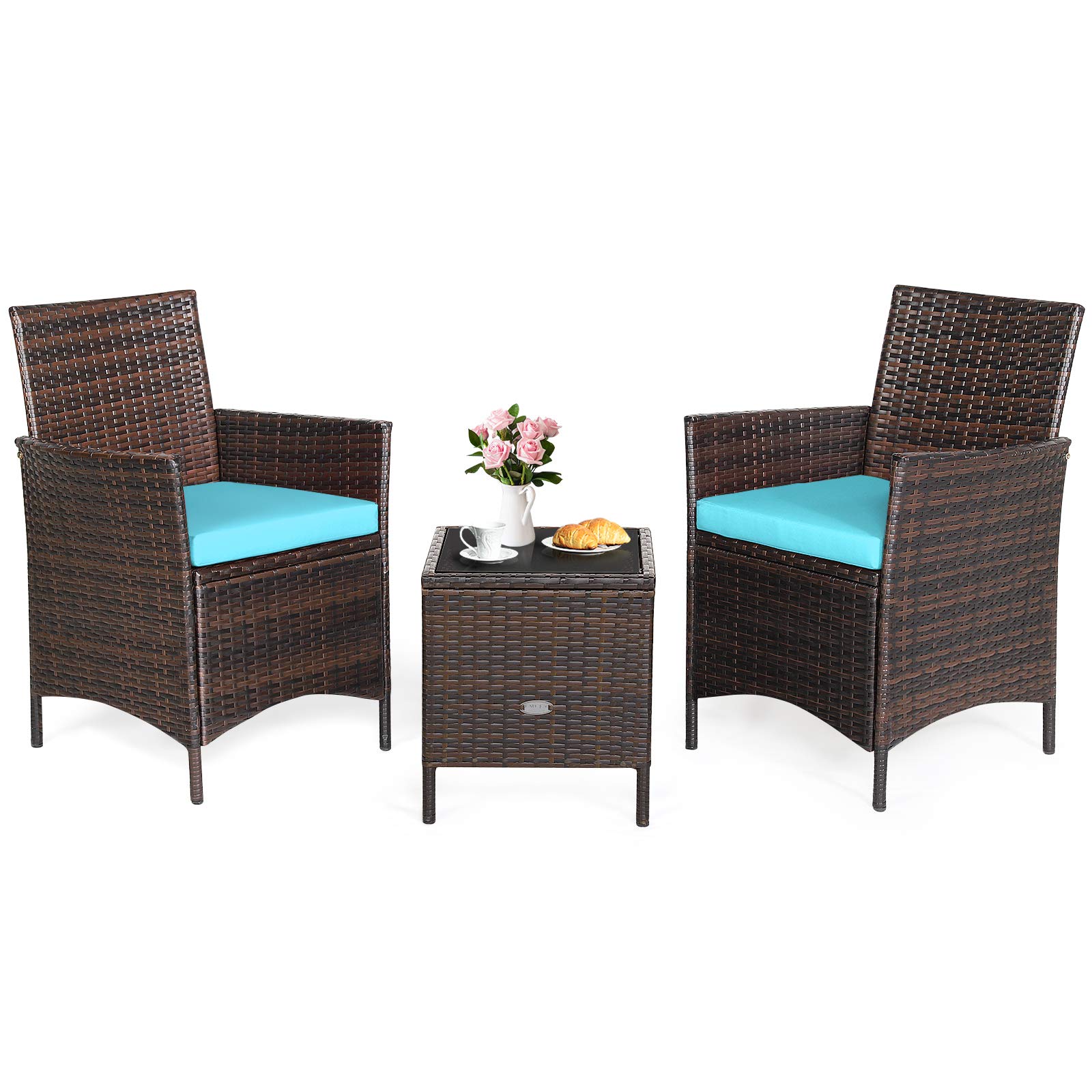 HappyGrill 3-Piece Patio Furniture Set - Rattan Wicker Bistro Set with Glass Coffee Table & Cushions, Outdoor Conversation Set for Garden, Lawn, Poolside, Backyard | Perfect for Relaxing, Entertaining & Outdoor Dining