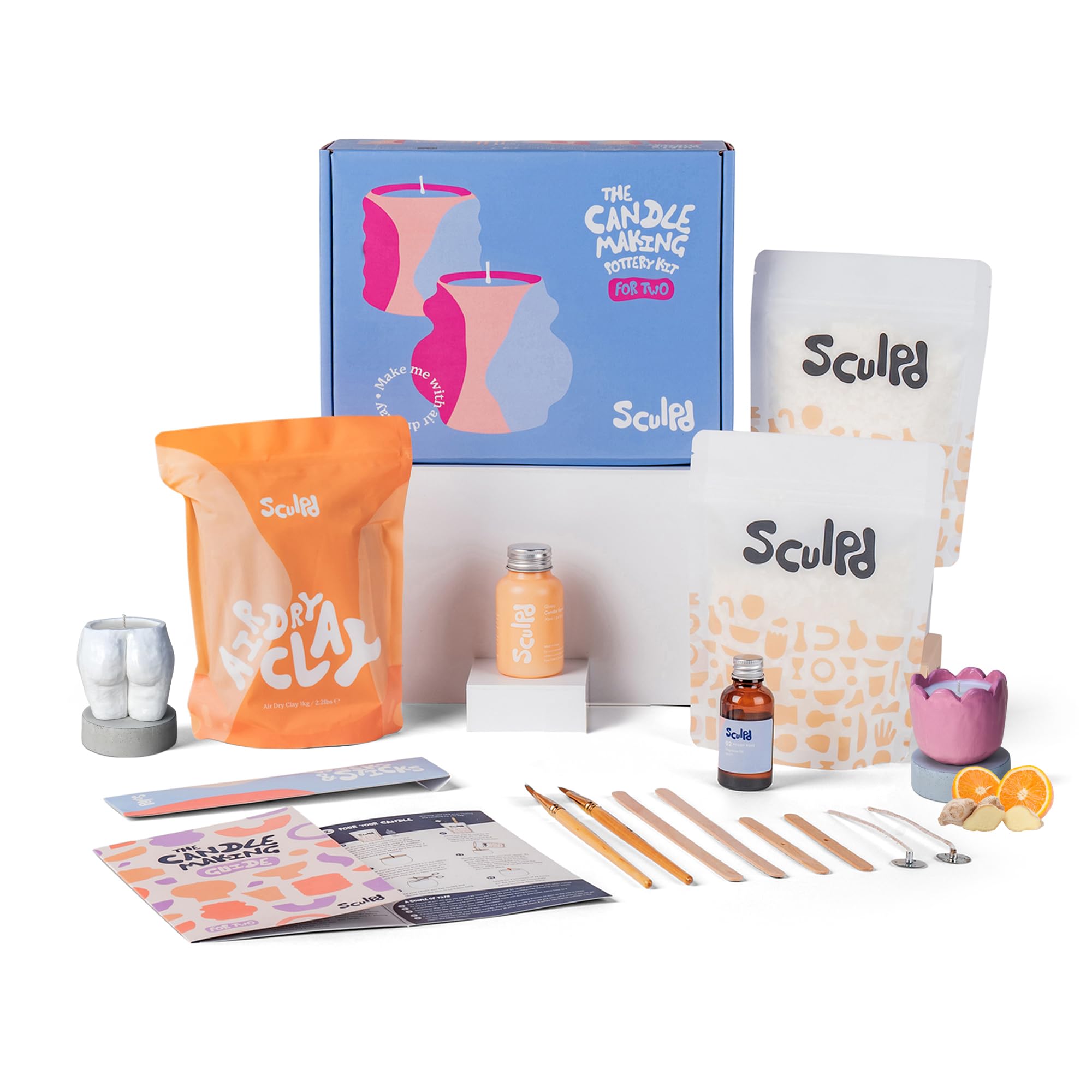 Sculpd Candle Making & Pottery Kit - Complete 2 Person DIY Art Set with Air Dry Clay, Soy Wax, Fragrance & Tools - Creative Craft Gift for Adults, Teens, Men & Women - Perfect for Home Decor, Relaxation & Romantic Gifts (Orange Ginger Scent)