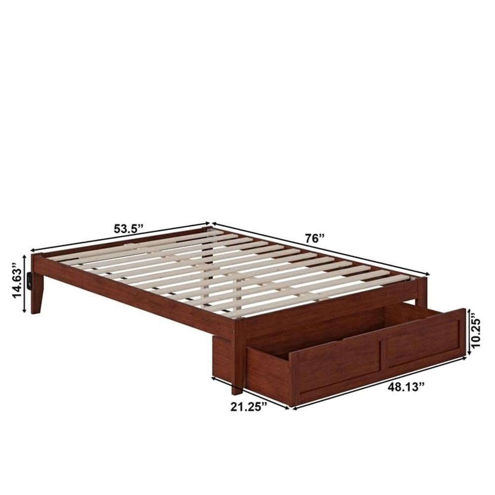Pemberly Row Modern Walnut Wood Full Bed Frame with Foot Drawer Storage & USB Charging Ports - Perfect for Small Bedrooms, Guest Rooms & Contemporary Home Decor