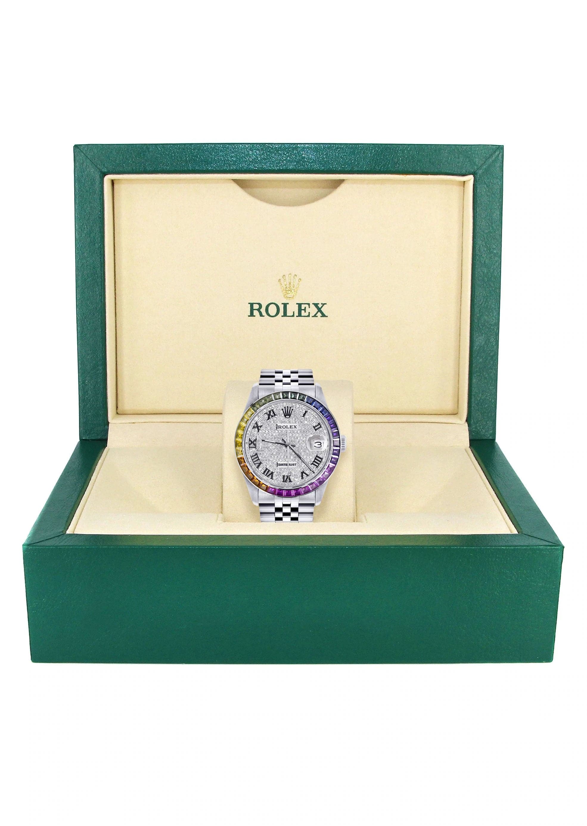 Luxury Diamond Gold Rolex Watch for Men - Model 16200 | 36mm Rainbow Sapphire Bezel | Iced Out Roman Numeral Dial | Jubilee Bracelet | Perfect for Gifts, Special Occasions & Luxury Fashion