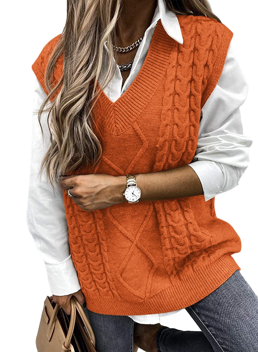 Yousify Women's Vintage Cable Knit Oversized Sweater Vest - V Neck Sleeveless Loose Knit Top for Casual Outfits & Fall Layering