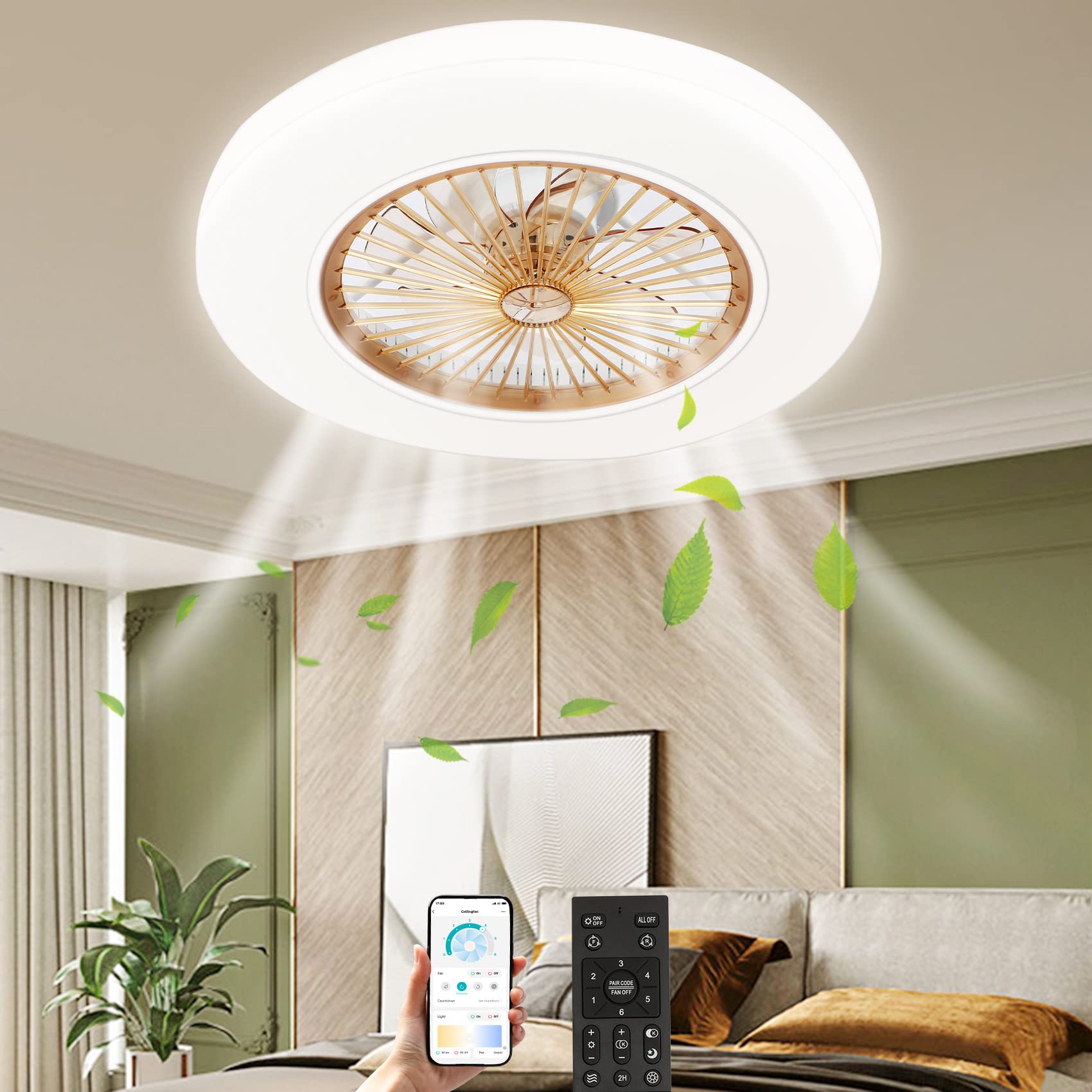 TCFUNDY 22 Inch Low Profile Ceiling Fan with LED Light & Remote Control - 3 Color Temperatures, 6 Speed Reversible Blades - Perfect for Living Room, Bedroom, Kitchen & Office Spaces
