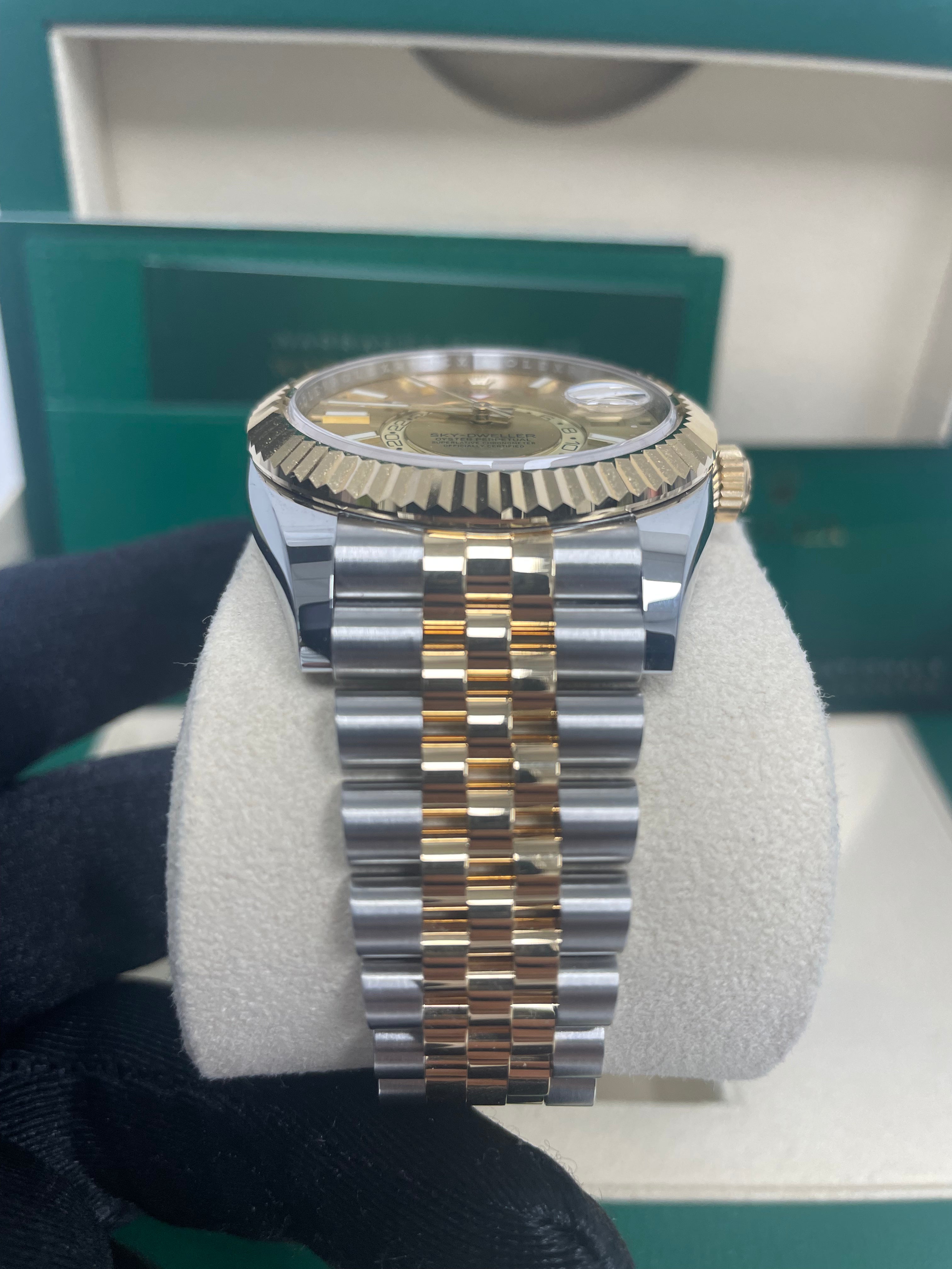 Rolex Sky-Dweller Two-Tone Stainless Steel & Yellow Gold Watch with Champagne Index Dial and Jubilee Bracelet (Ref# 326933) - Luxury Timepiece for Business Travelers and Watch Collectors