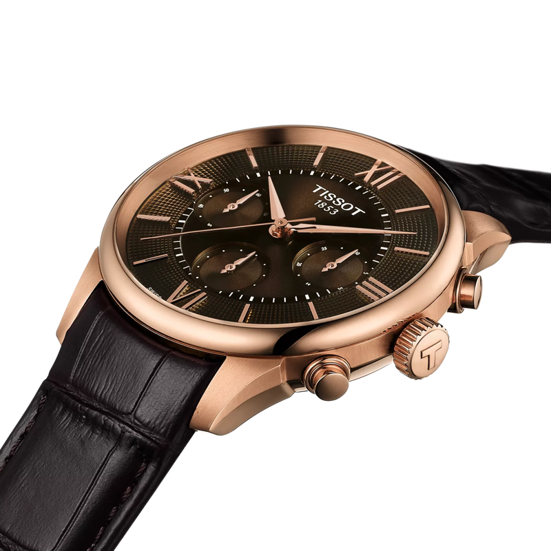 Tissot Chemin Des Tourelles 42mm Brown Leather Strap Rose Gold Men's Watch T1394623629800 - Luxury Dress Watch for Business & Formal Occasions