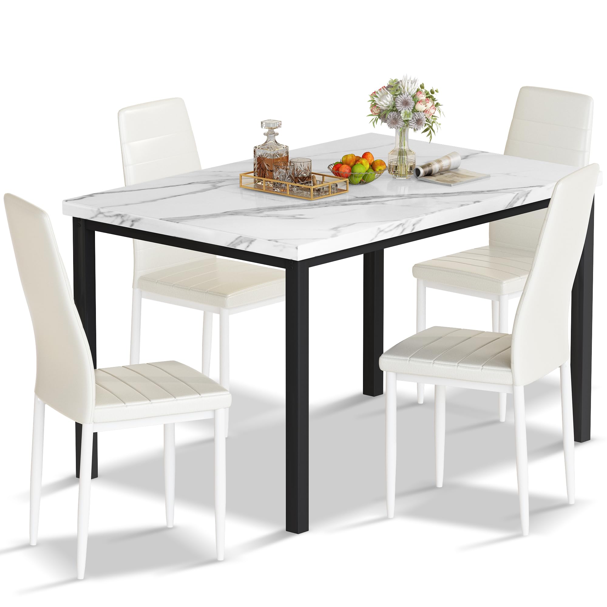 DKLGG 5-Piece Dining Table Set for 4 with PU Leather Chairs & Faux Marble Top - Space-Saving Kitchen Table Set for Small Homes & Apartments - Perfect for Family Meals, Dinner Parties & Compact Living Spaces