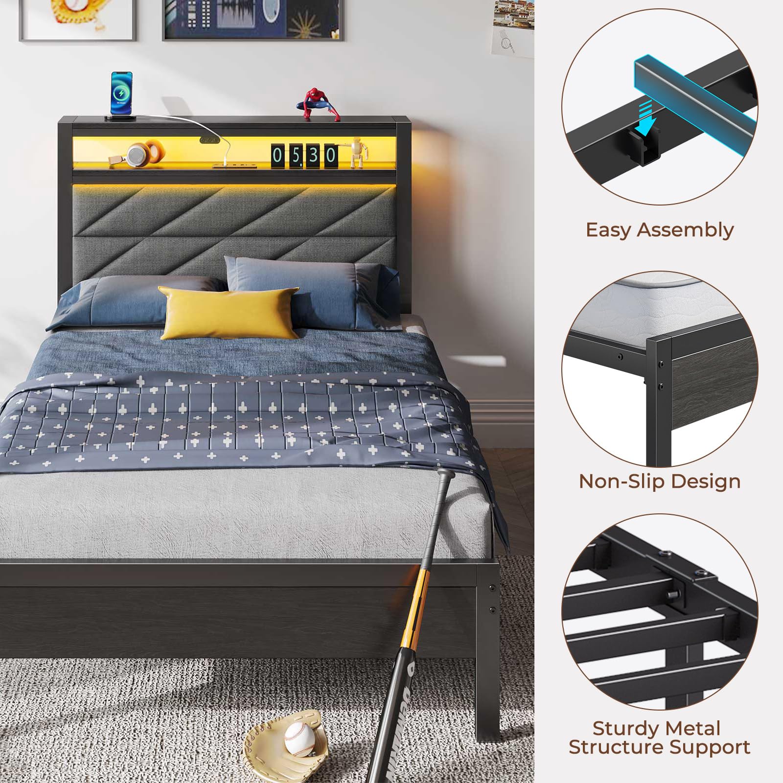 Twin Size Upholstered Platform Bed Frame with LED Headboard & USB Charging Station - Under Bed Storage, No Box Spring Needed, Noise-Free, Easy Assembly, Grey - Perfect for Small Bedrooms, Dorms & Guest Rooms