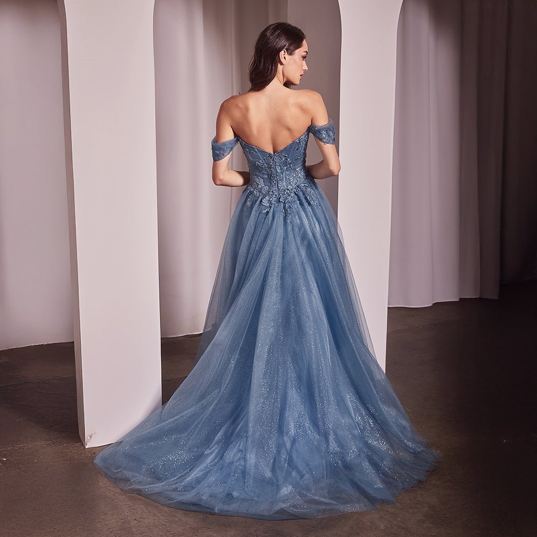 Ladivine by Cinderella Divine Smoky Blue Off The Shoulder Prom Gown - Elegant Formal Dress for Homecoming, Evening Party & Special Occasions