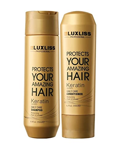 Luxliss Keratin Hair Care Shampoo & Conditioner Set - Daily Moisturizing for Damaged Hair - Sulfate Free Shampoo (250ml) & Nourishing Conditioner (200ml) - For Smooth, Shiny Hair at Home or Salon Use