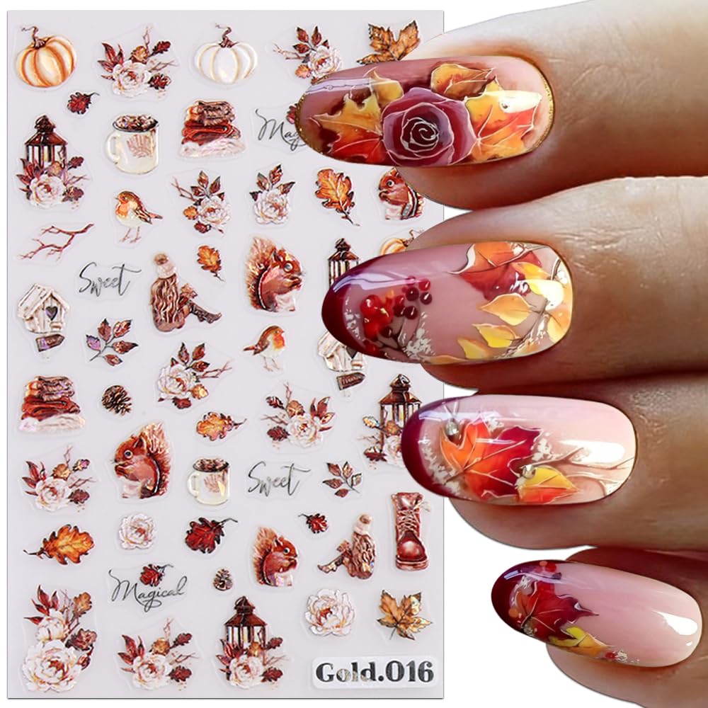 3D Embossed Fall Nail Stickers - Red Gold Maple Leaf Nail Art Decals for Women | Self-Adhesive Autumn Nail Designs | Thanksgiving Nail Accessories (4 Sheets) | Perfect for Halloween, Thanksgiving Parties & Autumn Nail Art