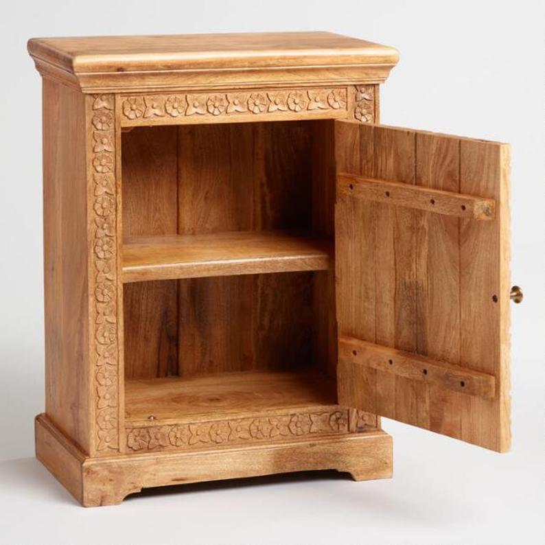 Hand Carved Nightstand - Solid Wood Bedside Table with Natural Finish | Handmade for Bedroom, Living Room, or Guest Room Decor