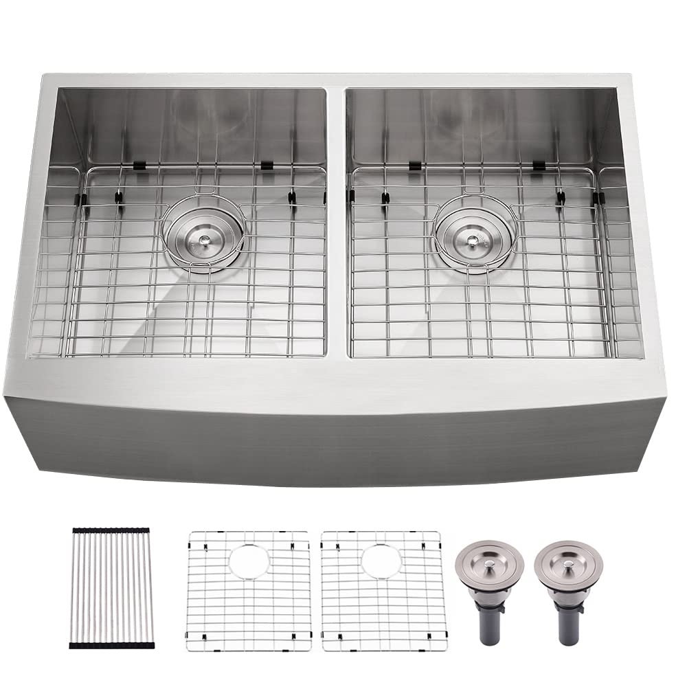 33 Inch Double Bowl Farmhouse Stainless Steel Sink - 16 Gauge Deep Basin, Apron Front Design for Modern Kitchens | Perfect for Cooking, Washing Dishes & Food Prep | Bokaiya 33x21 Stainless Steel Kitchen Sink