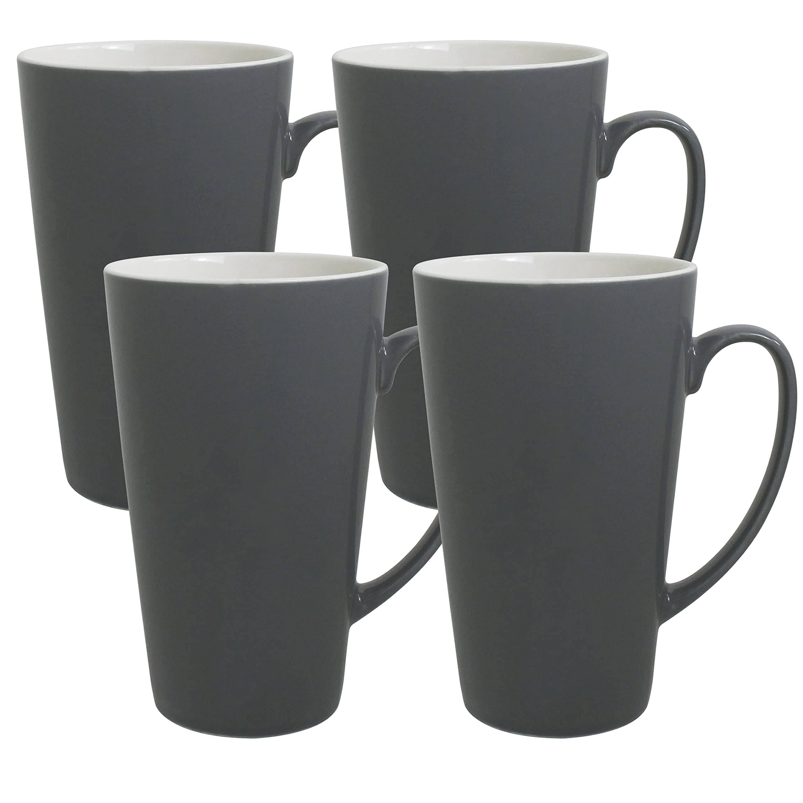 Premium 15oz Gray & White Ceramic Coffee Mugs with Large Handles - Set of 4 Tall Funnel Mugs for Hot/Cold Drinks - Perfect for Home, Office & Cafe Use