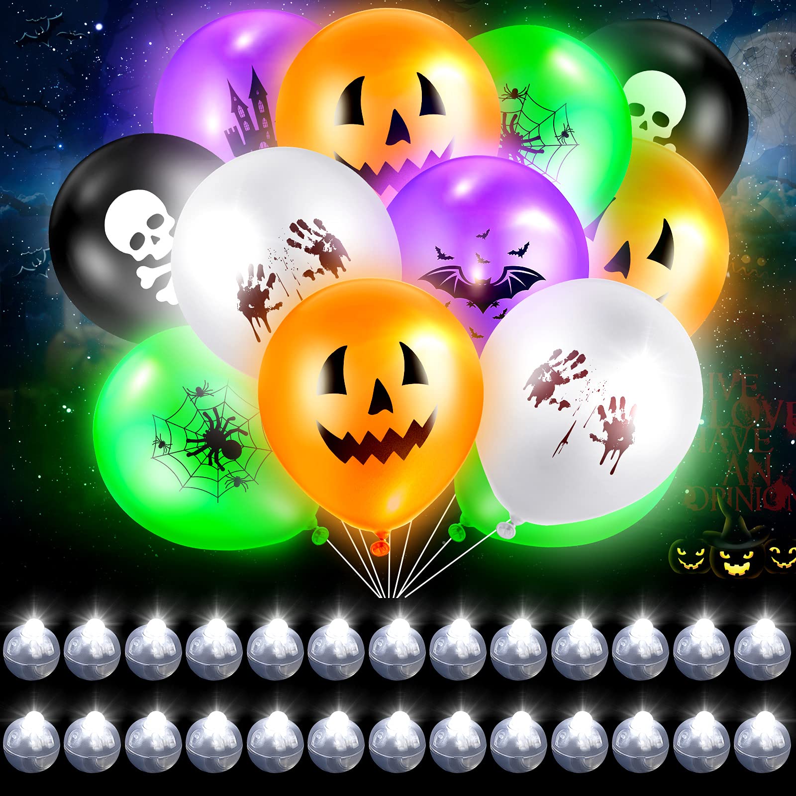 60 Pack Halloween LED Balloons Glow in The Dark - Round Latex Balloons with Lights for Halloween Party Decorations, Wedding, Birthday, Dance Party - Spooky Indoor & Outdoor Decor