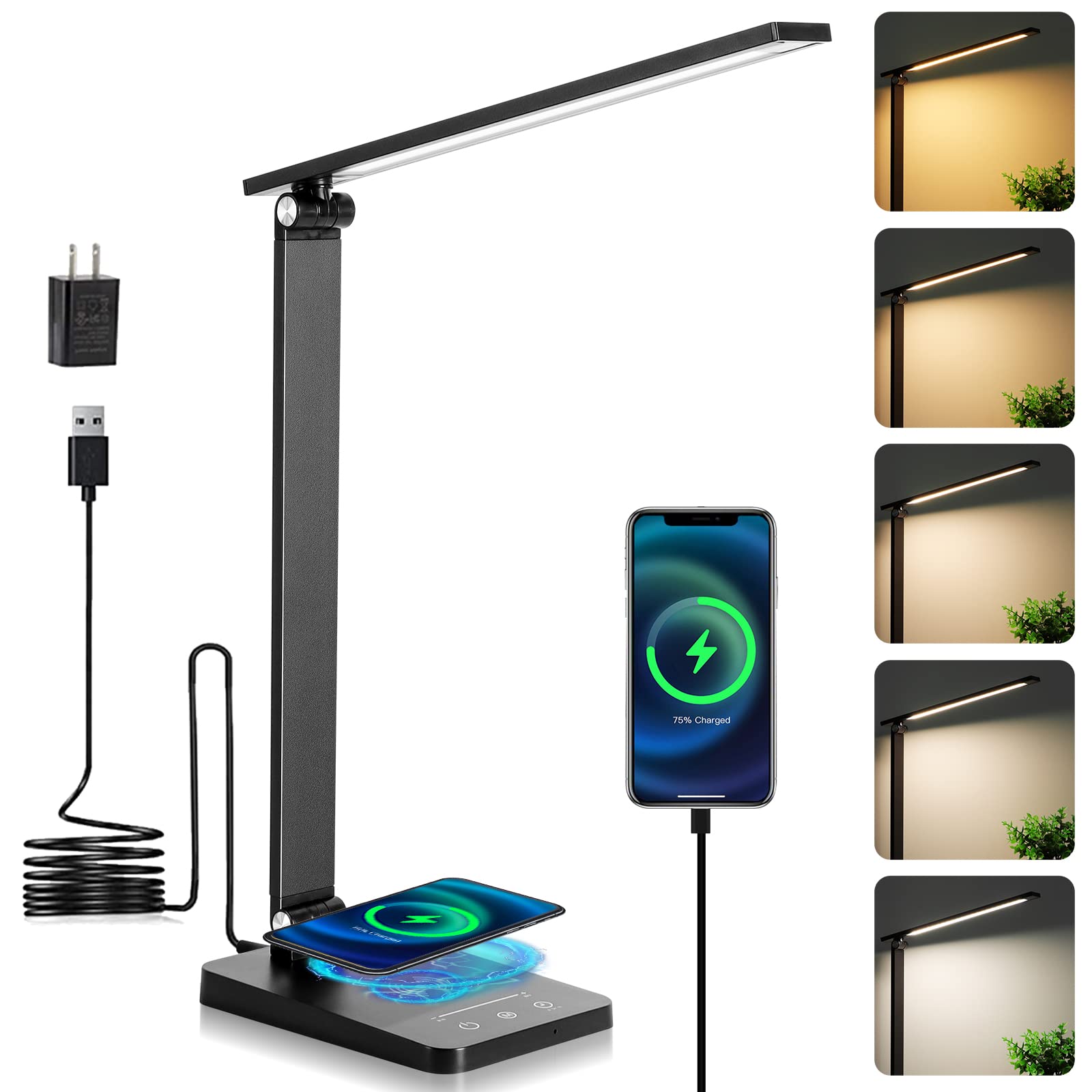 Wireless Charging LED Desk Lamp with USB Port - 5 Color Modes & Adjustable Brightness - Modern Office Desk Light with 30/60 Min Auto Timer - Perfect for Home Office, Study & Reading (Black)