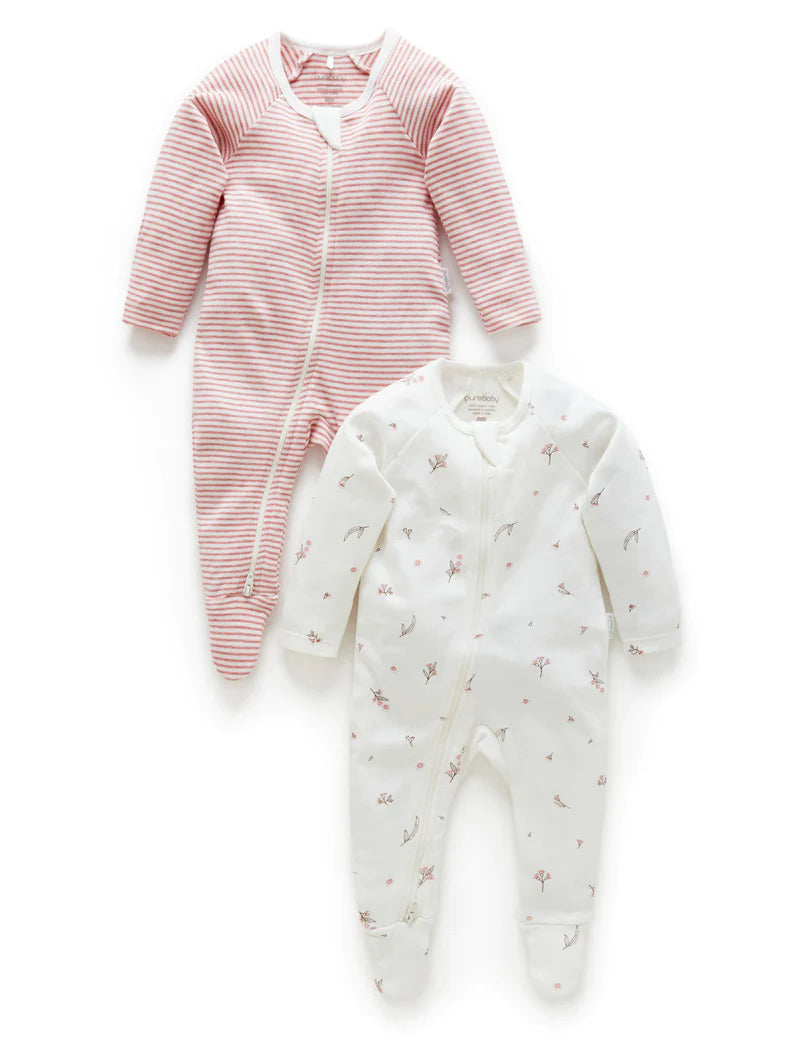 Purebaby Organic Cotton Zip Growsuit 2 Pack - Vanilla Blossom | Soft Baby Sleepwear for Newborns & Infants | Perfect for Nursery, Daycare & Playtime