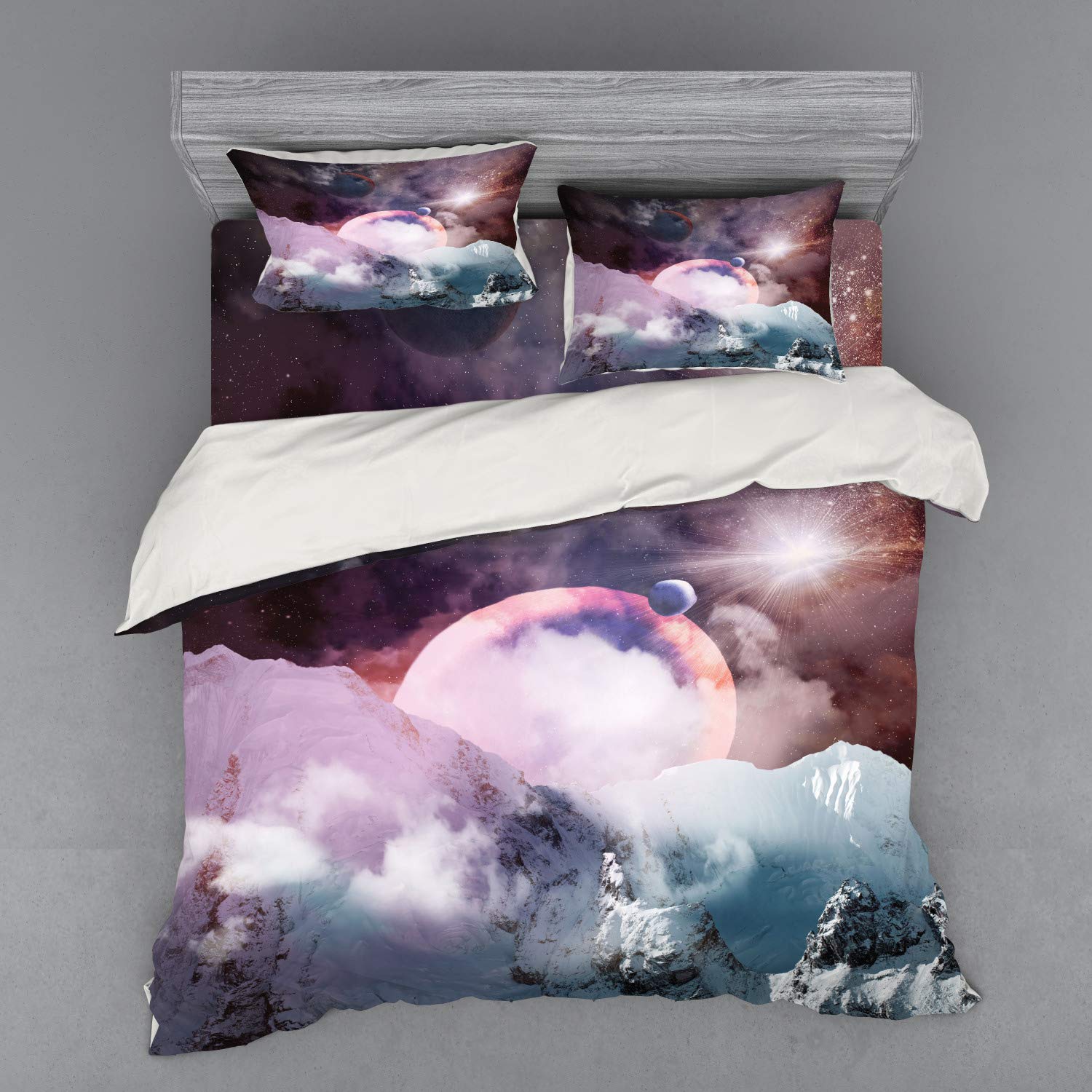 Ambesonne Outer Space Duvet Cover Set | Galaxy Print Bedding with Planets & Stars | 4-Piece King Size Set (Duvet Cover + 2 Shams + Fitted Sheet) in Dried Rose Pale Pink | Perfect for Astronomy Lovers' Bedrooms, Kids' Space Themed Rooms & Sci-Fi Decor