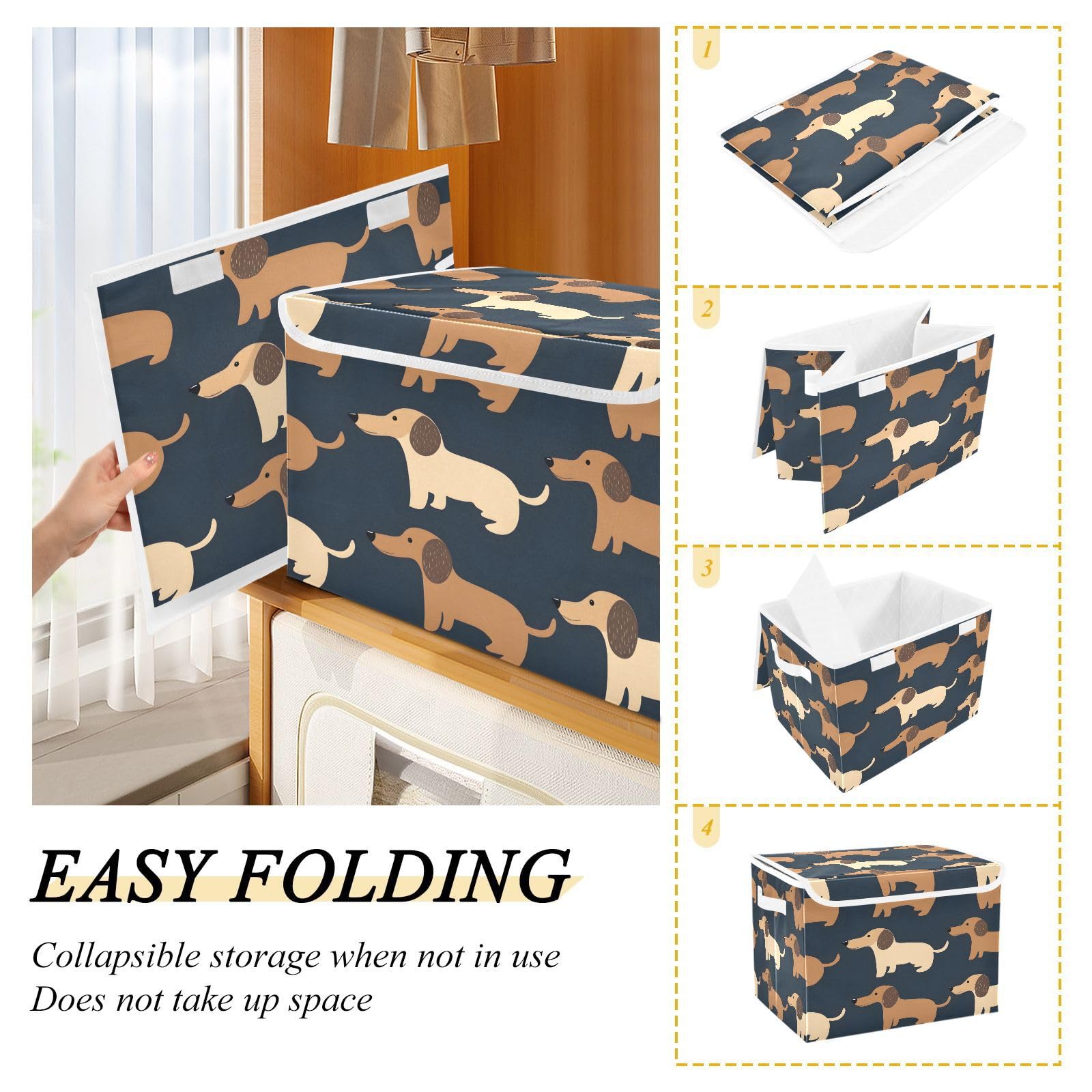 Cute Dog Pattern Fabric Storage Bins with Lids - Foldable Collapsible Organizer Boxes for Home, Bedroom, Closet & Office - Perfect for Pet Supplies, Toys & Seasonal Decor Storage