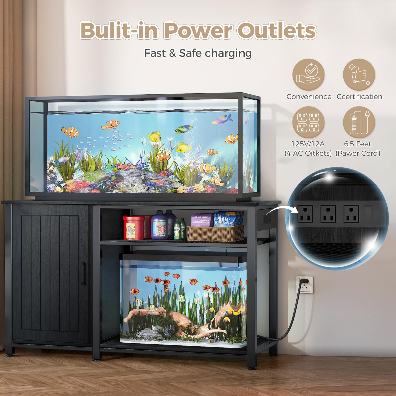 Tatub 55-75 Gallon Heavy Duty Metal Aquarium Stand with Power Outlets & Storage Cabinet - 860LBS Capacity Black Fish Tank Stand for Reptile Terrariums & Turtle Tanks - Perfect for Home, Office or Pet Store Displays