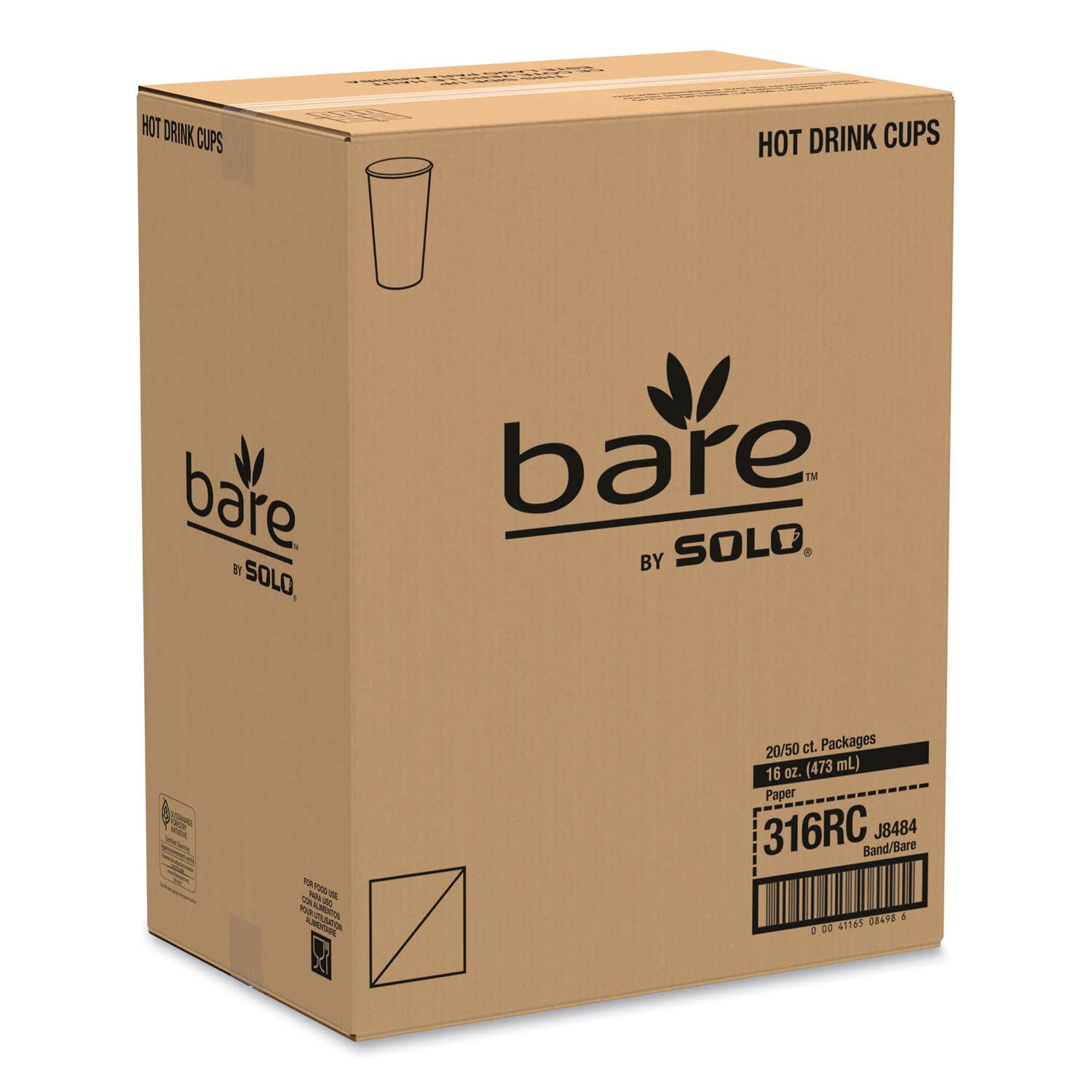 SOLO CUPS 316RC Bare Eco-Friendly PCF Paper Hot Cups - 16 oz, 1000 Count (Case of 1000) - Ideal for Coffee, Tea & Hot Beverages at Offices, Cafes & Events