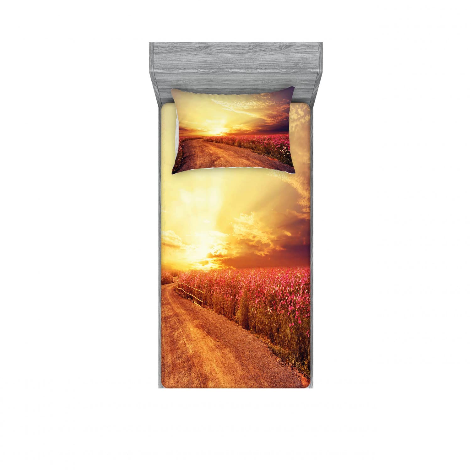 Ambesonne 2-Pack Twin Size Fitted Sheet & Pillow Sham Set - Cosmos Flower Field Design, Orange & Yellow Bedding Decor (4-Piece Set) for Kids Room, Guest Bedroom or Dormitory