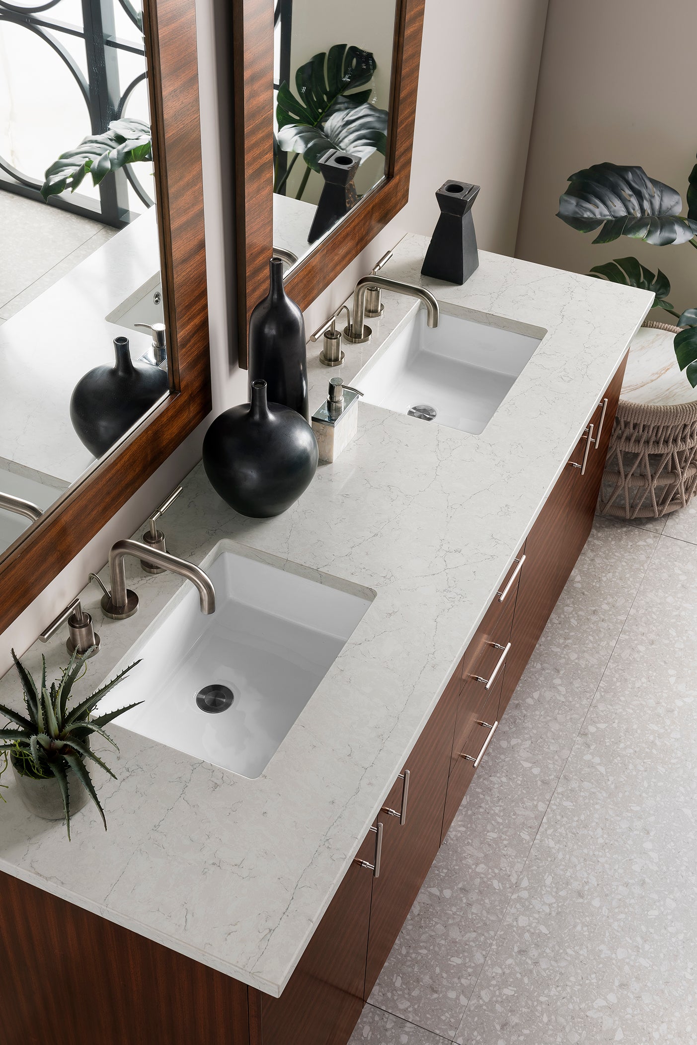 72 Inch Double Bathroom Vanity with American Walnut Base & 3CM Eternal Jasmine Pearl Quartz Countertop - Perfect for Master Bathroom Renovation & Luxury Home Decor