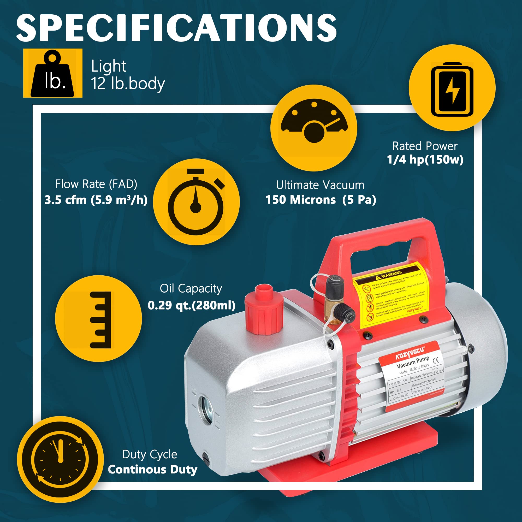 3.5CFM Single-Stage HVAC Vacuum Pump for AC Repair & Car AC Service - Professional HVAC Vacuum Pump Kit with Recovery Machine - Perfect for AC Maintenance, Refrigerant Recovery & Automotive HVAC Systems (TA350)