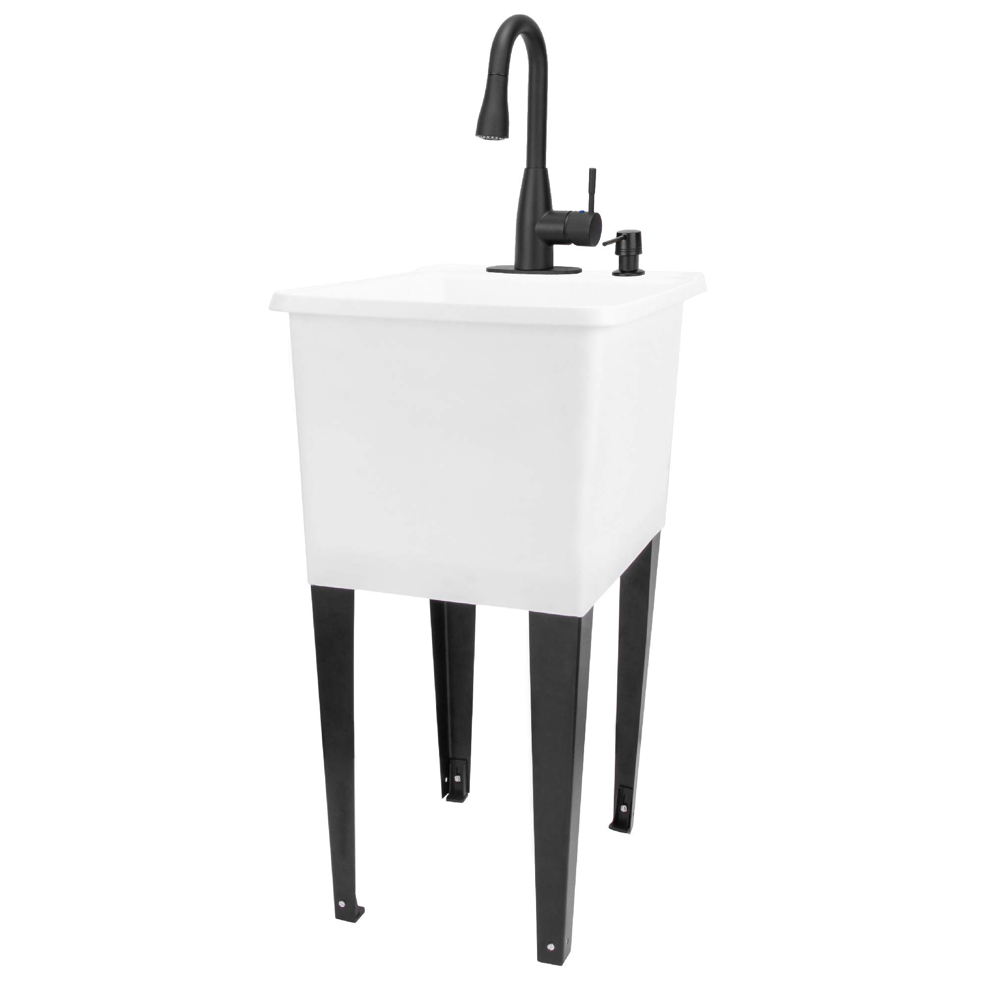 JS Jackson Supplies White Space Saver Utility Sink - Freestanding Laundry Tub with Black Pull-Down Faucet & Soap Dispenser | Perfect for Small Laundry Rooms, Basements & Garages