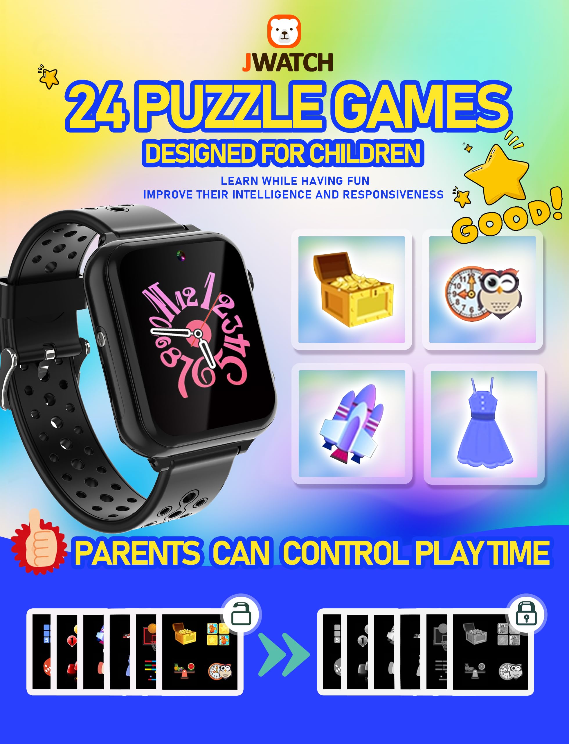 Smart Watch for Kids with SOS Call, 10 Stories & 24 Puzzle Games, Pedometer, Alarm Clock - Best Gift for Boys & Girls Ages 6-12 - Perfect for Birthday, Christmas & Outdoor Adventures