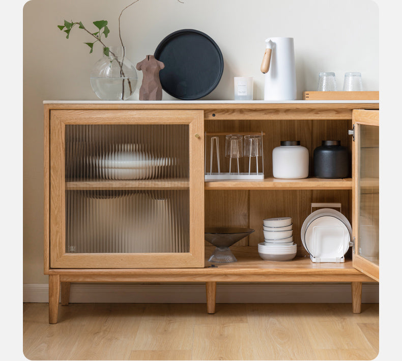 Solid Oak Wood Sideboard Buffet Cabinet - Rustic Dining Room Storage for Dishes, Linens & Entertaining Essentials