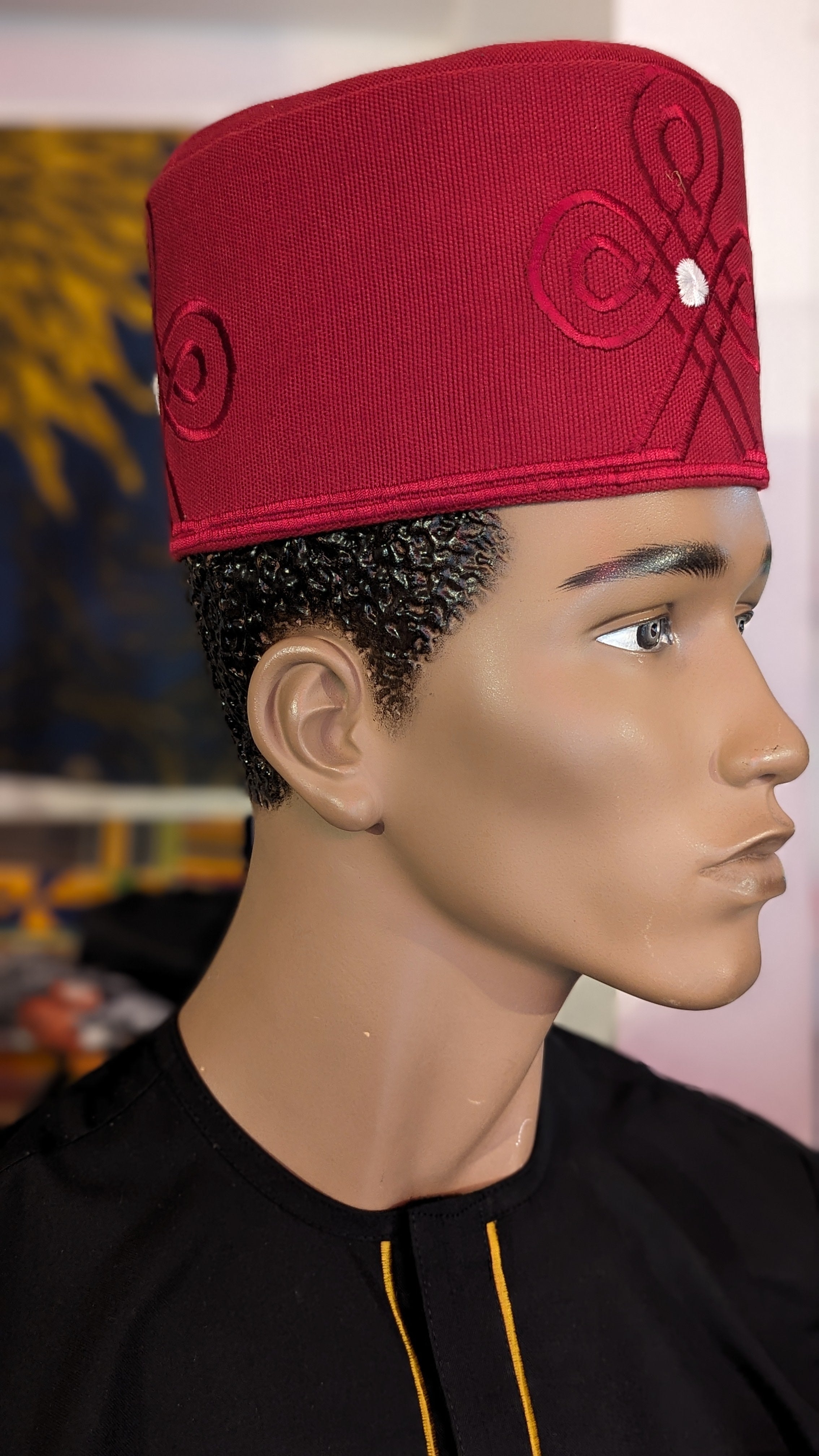 Dupsie's Premium Burgundy Aso Oke Fila Kufi Cap - Traditional Nigerian Hat for Men - Perfect for Weddings, Cultural Events & Special Occasions