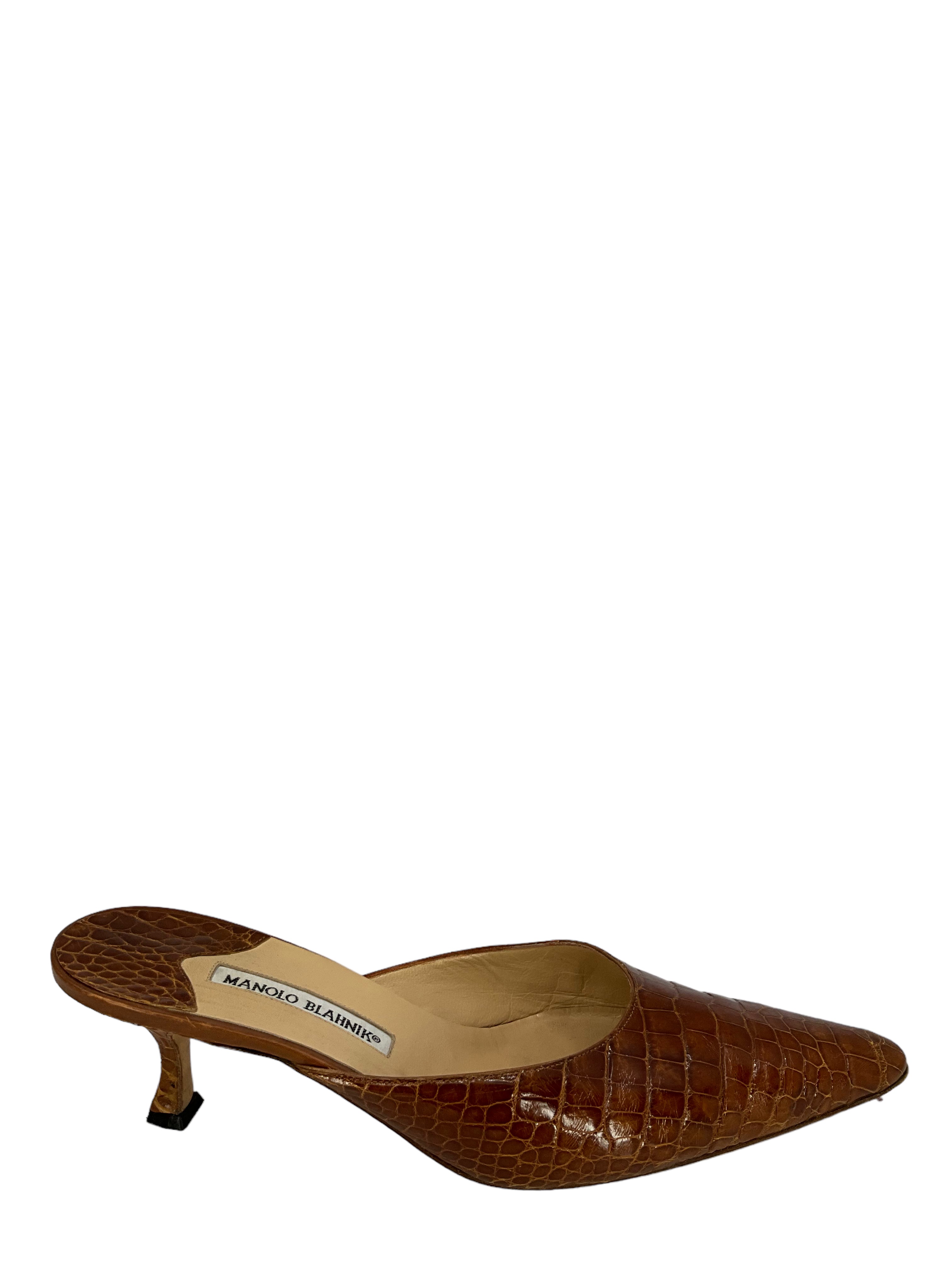 Manolo Blahnik Brown Alligator Leather Mules - Women's Size 11 (US) | Luxury Designer Slide Sandals for Parties, Weddings & Evening Events