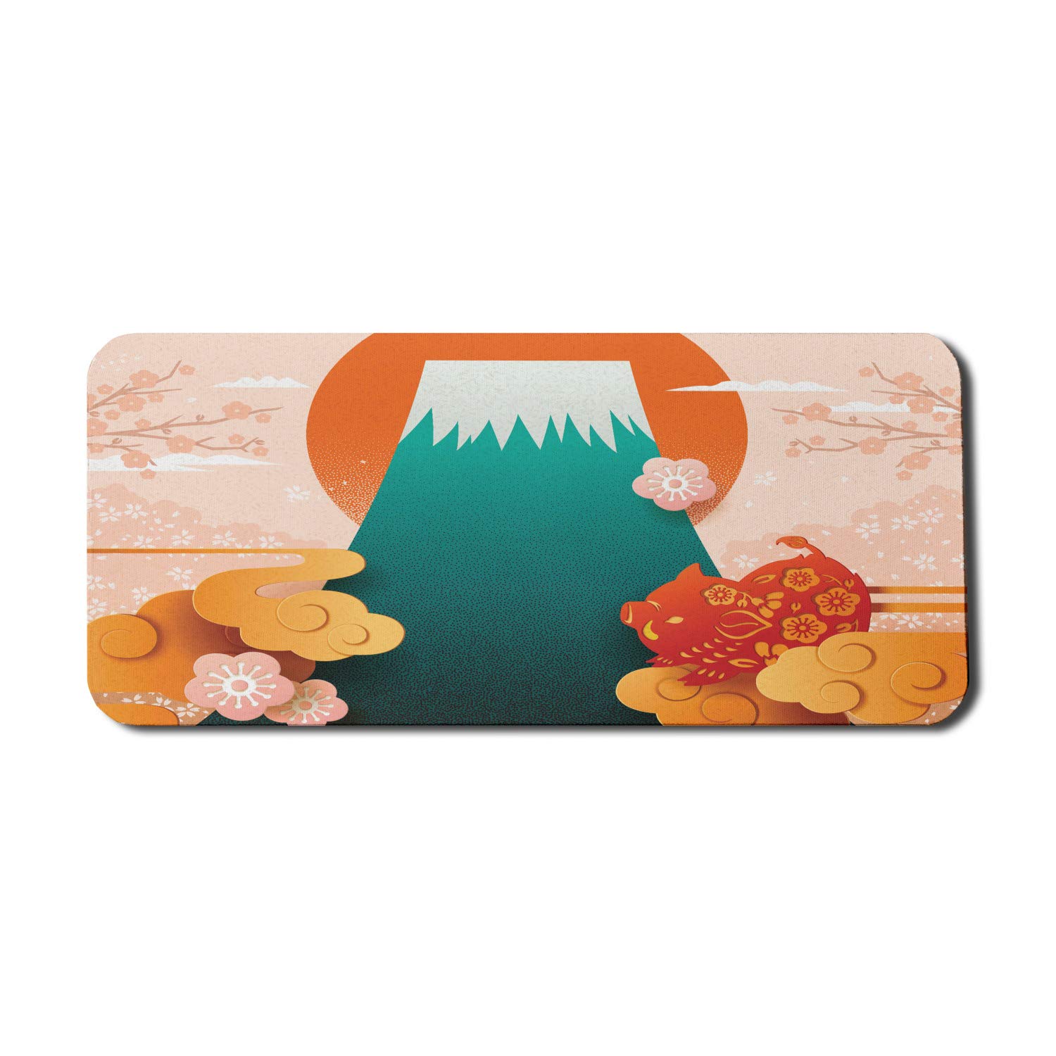 Ambesonne Japanese Themed Mouse Pad - Folkloric Doodle Clouds, Mountain Pig & Cherry Blossom Design - Non-Slip Rubber Base - Extra Large 35