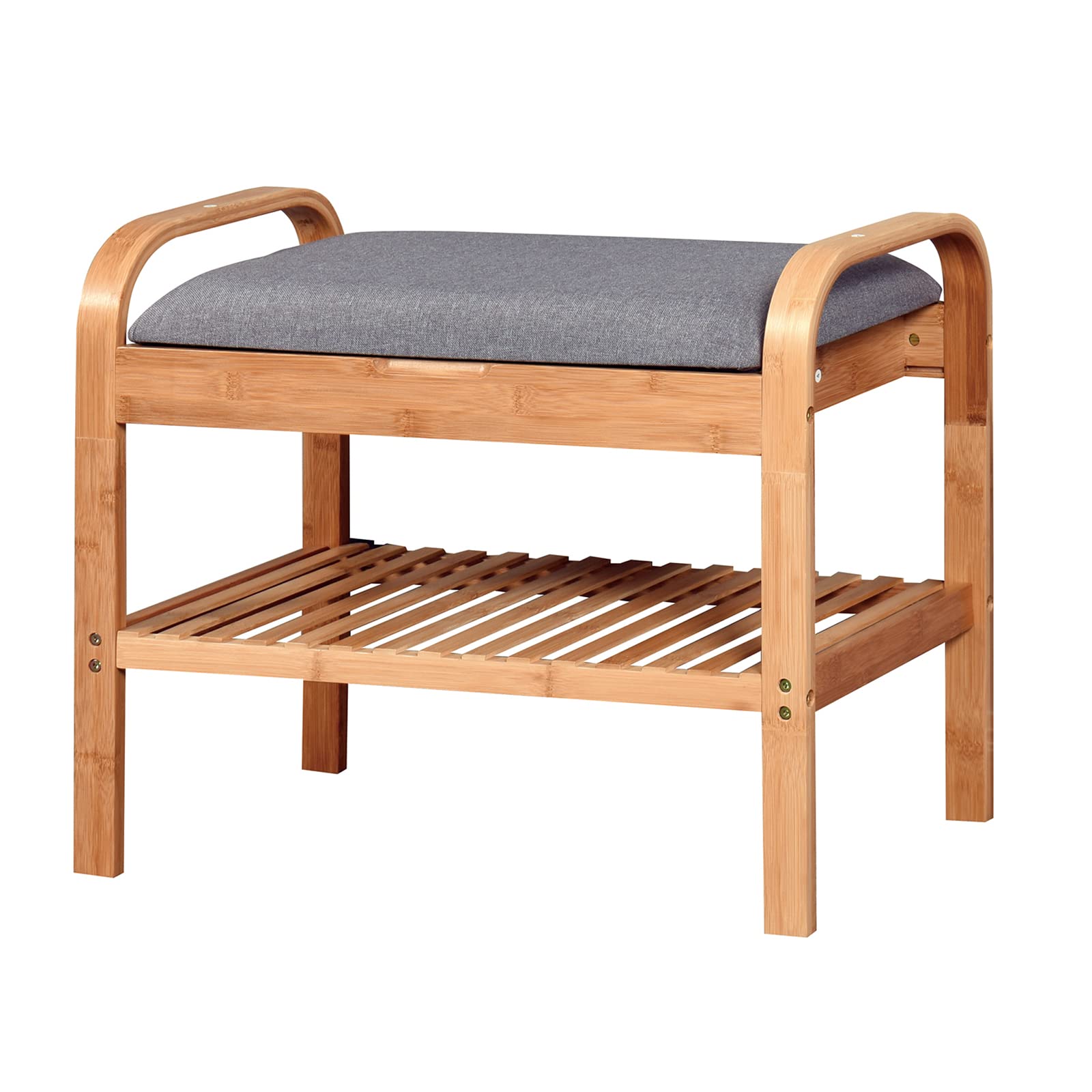 CALABASH Bamboo Shoe Rack Bench with 2 Shelves & Flip Top - Natural & Grey (23.62