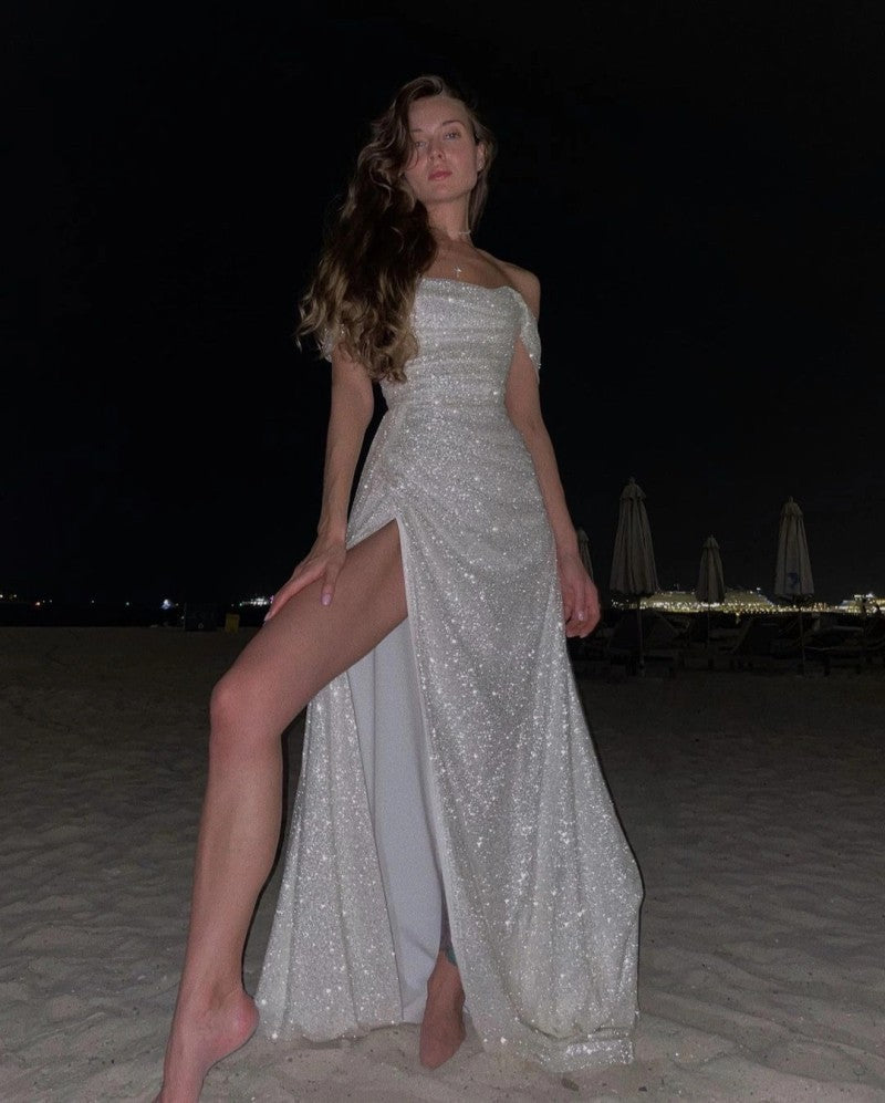 Elegant Off Shoulder Shiny Long Prom Dress with High Slit - Formal Evening Gown for Women - Perfect for Homecoming, Prom Night, and Special Occasions