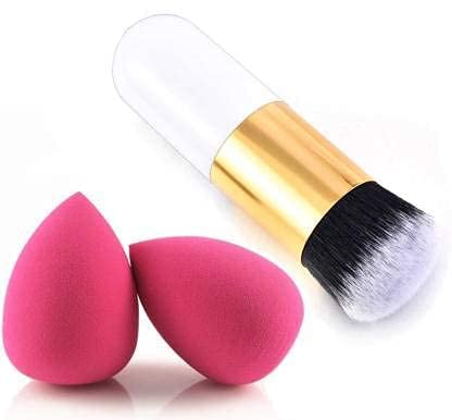 MASTADI Round Foundation Brush & Makeup Sponge Blender Combo Pack - 2 PCS Pink Beauty Tools for Flawless Liquid & Powder Application | Perfect for Professional Makeup Artists & Home Use