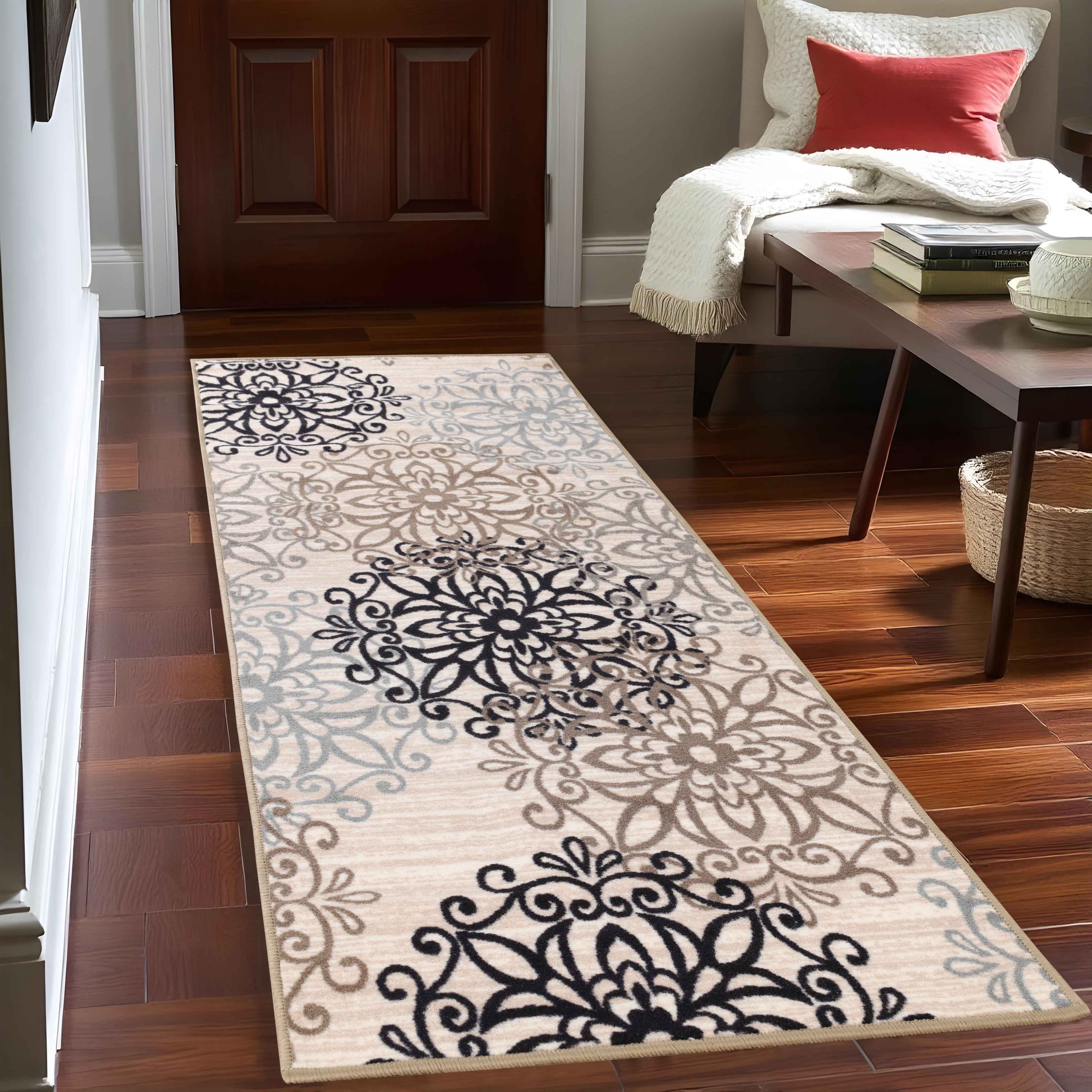 Non-Slip Modern Floral Medallion Indoor Area Rug - Soft Anti-Skid Runner for Living Room, Bedroom, Hallway - Home Decor & Floor Protection