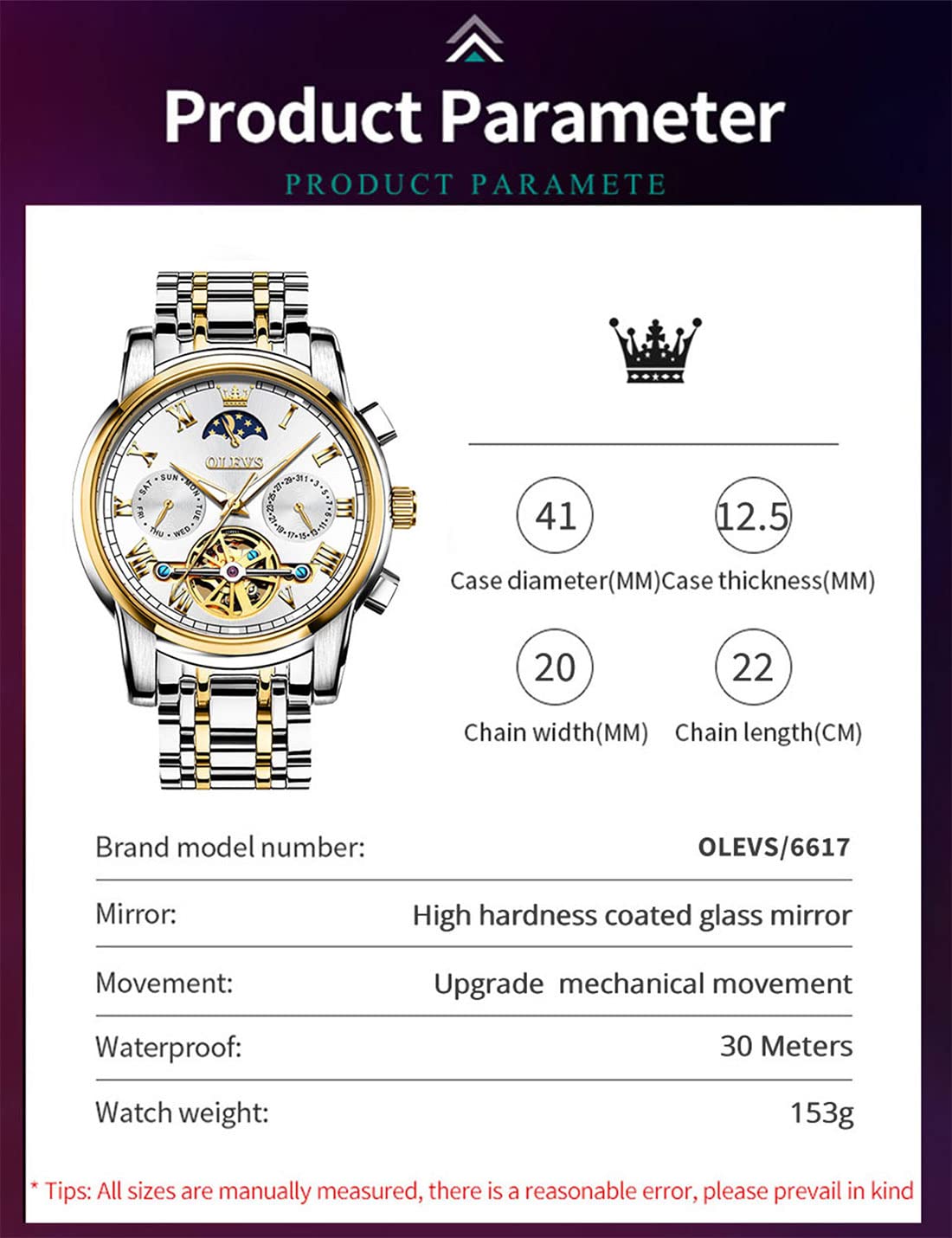 OLEVS Automatic Self-Winding Men's Watch with Date & Day Calendar, Stainless Steel Skeleton Tourbillon Watch - No Battery, Waterproof (30M) - Perfect for Business, Casual & Formal Occasions